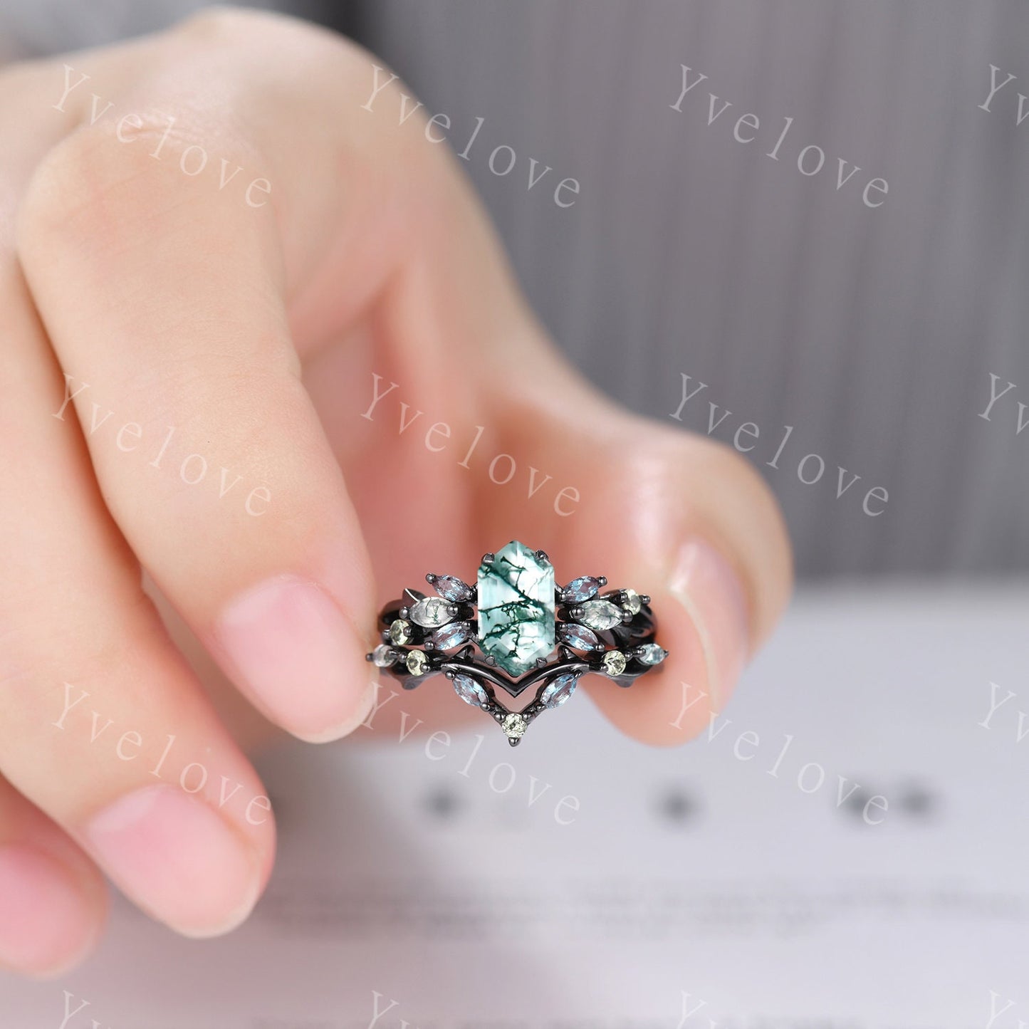 Vintage Hexagon Moss Agate Engagement Ring,Silver Black,Alexandrite Peridot Ring,Women Bridal Set,Unique Twig Anniversary Promise Ring Gift