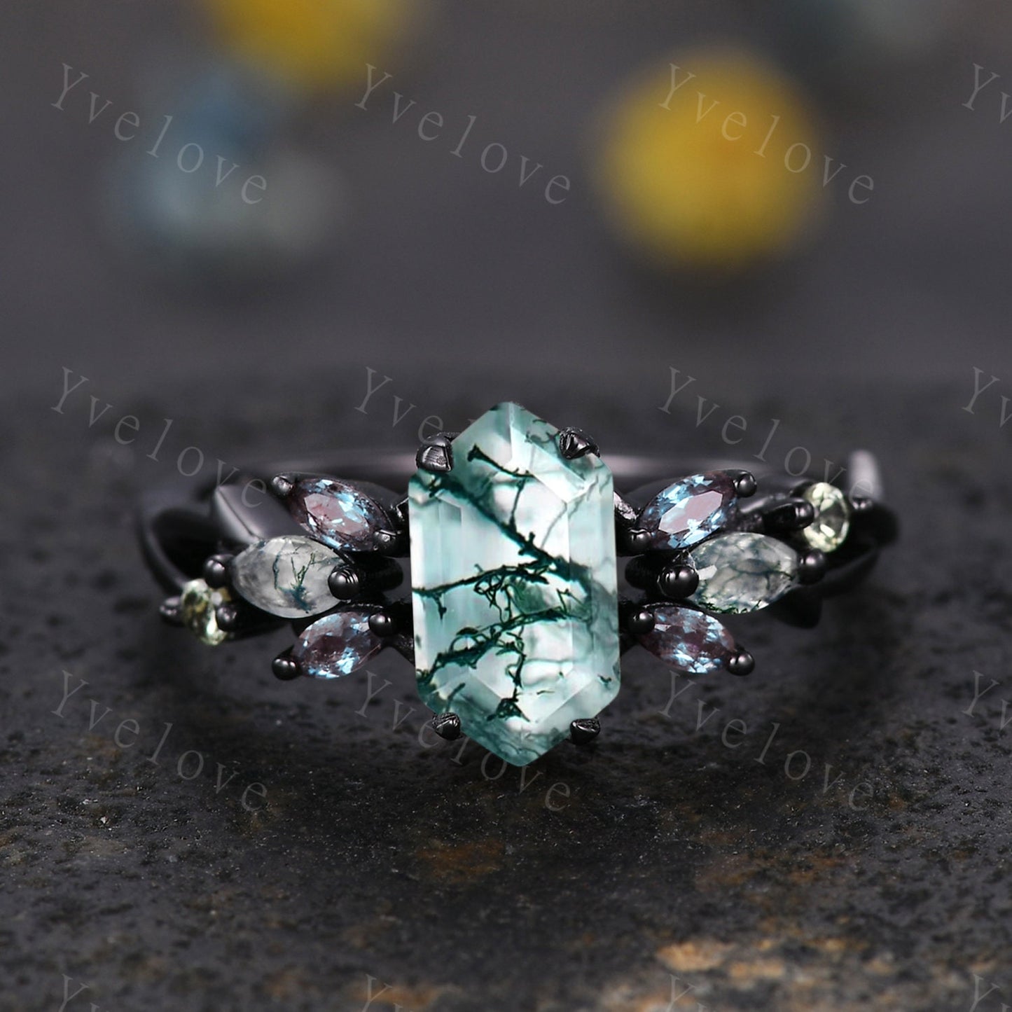 Vintage Hexagon Moss Agate Engagement Ring,Silver Black,Alexandrite Peridot Ring,Women Bridal Set,Unique Twig Anniversary Promise Ring Gift