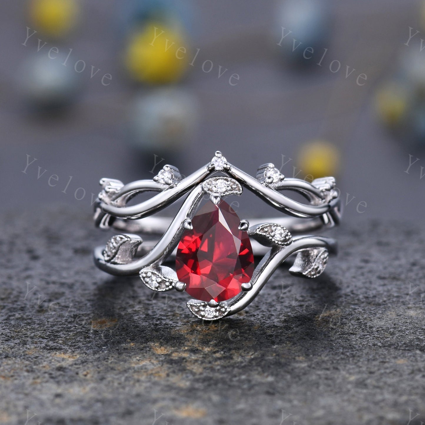 Retro Teardrop Red Garnet Ring,Vintage Sterling Silver Ring Set,Unique Garnet Engagement Ring,Promise Ring,Anniversary Bridal Gift,Custom