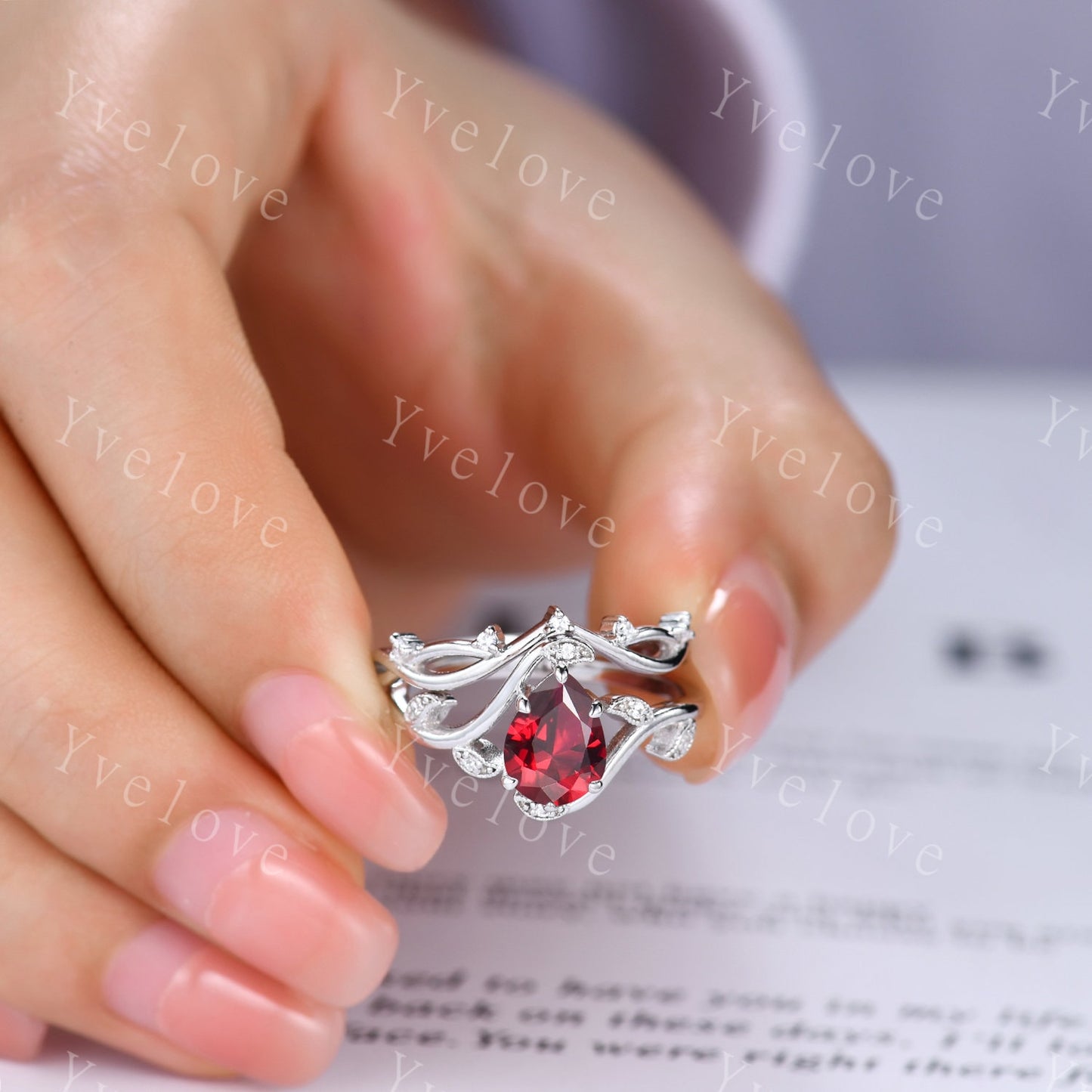 Retro Teardrop Red Garnet Ring,Vintage Sterling Silver Ring Set,Unique Garnet Engagement Ring,Promise Ring,Anniversary Bridal Gift,Custom