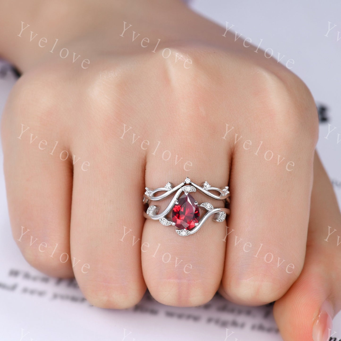 Retro Teardrop Red Garnet Ring,Vintage Sterling Silver Ring Set,Unique Garnet Engagement Ring,Promise Ring,Anniversary Bridal Gift,Custom