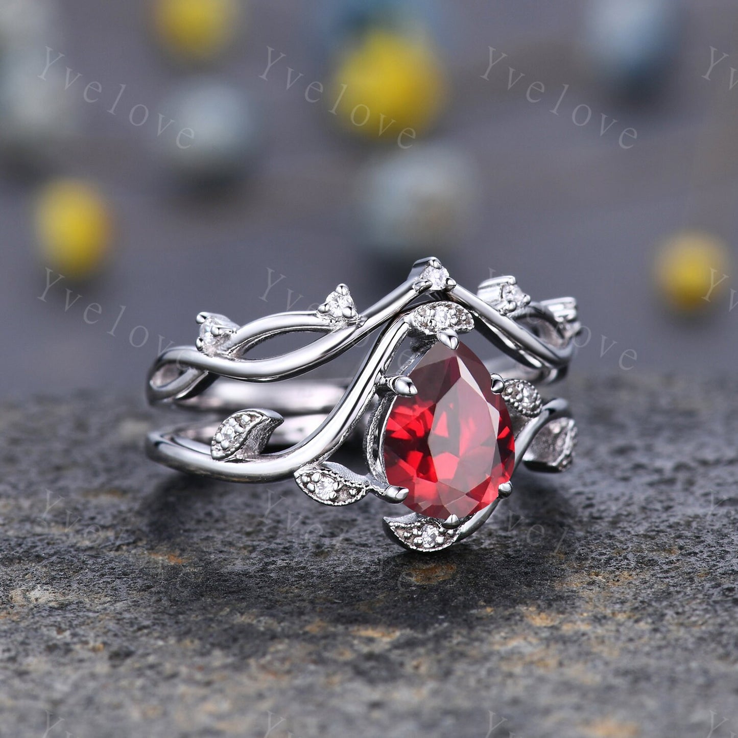 Retro Teardrop Red Garnet Ring,Vintage Sterling Silver Ring Set,Unique Garnet Engagement Ring,Promise Ring,Anniversary Bridal Gift,Custom