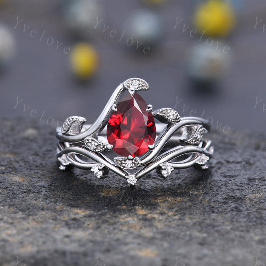 Retro Teardrop Red Garnet Ring,Vintage Sterling Silver Ring Set,Unique Garnet Engagement Ring,Promise Ring,Anniversary Bridal Gift,Custom