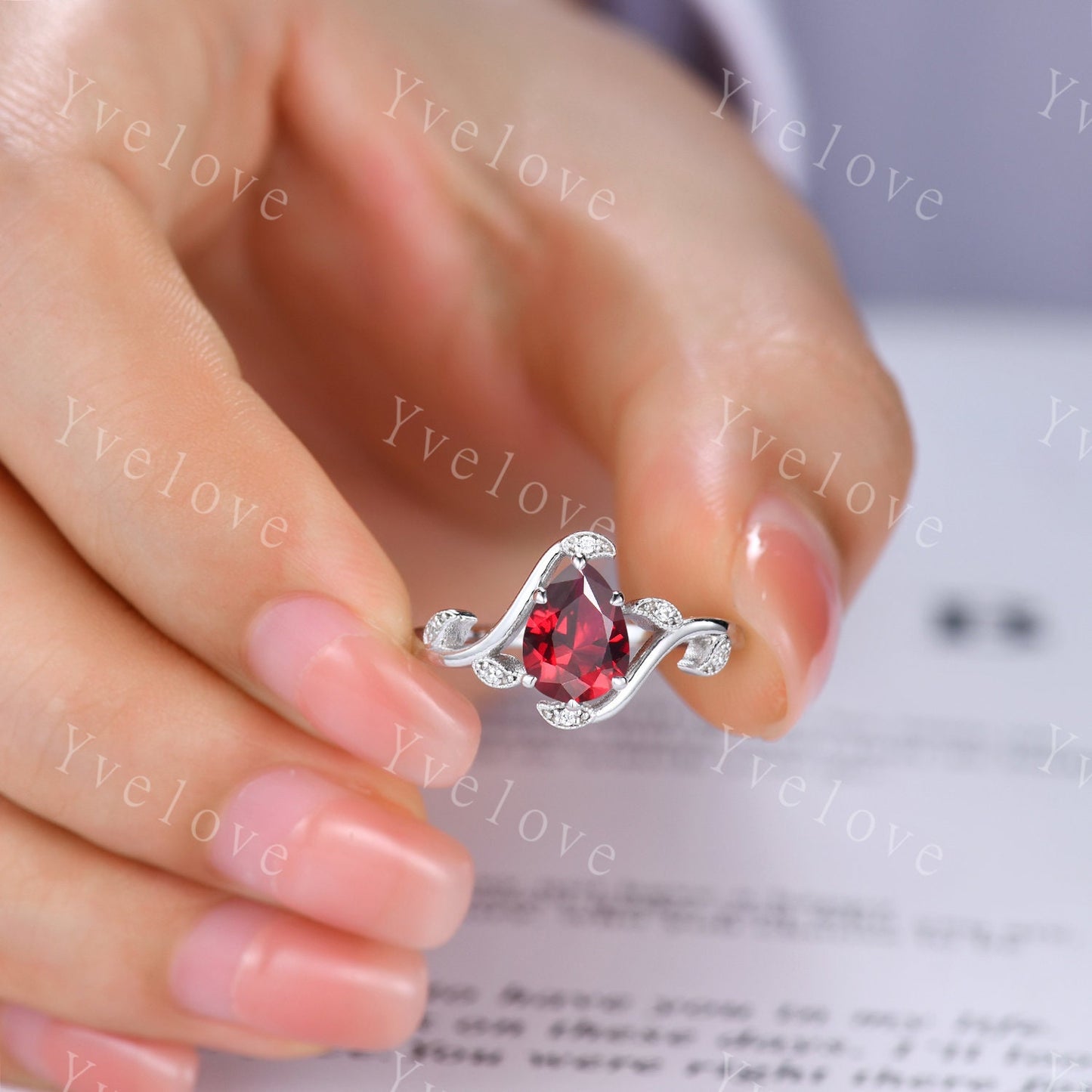 Retro Teardrop Red Garnet Ring,Vintage Sterling Silver Ring Set,Unique Garnet Engagement Ring,Promise Ring,Anniversary Bridal Gift,Custom