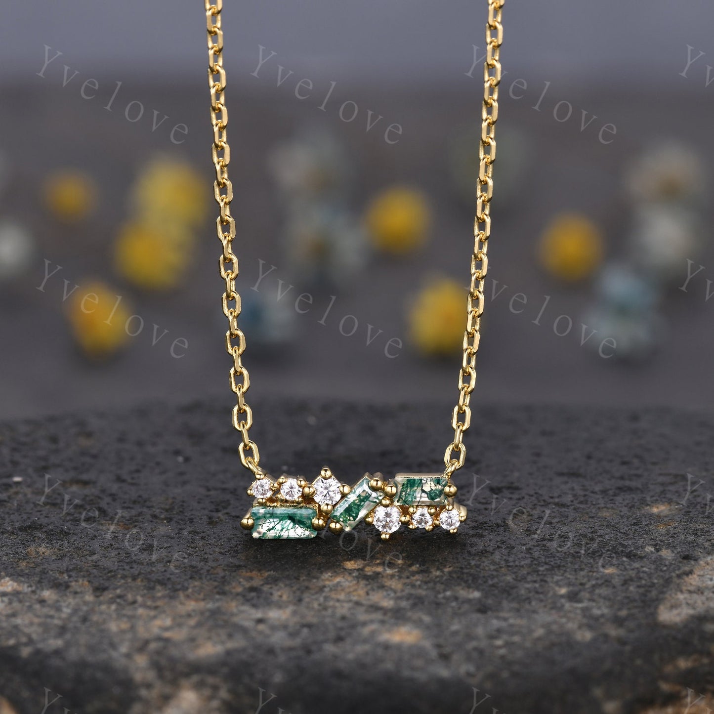 Vintage Baguette Moss Agate Necklace,Nature Gem Art Deco Moissanite Diamond Pendant Dainty Necklace,Silver Necklace,Best friend Gift For Her