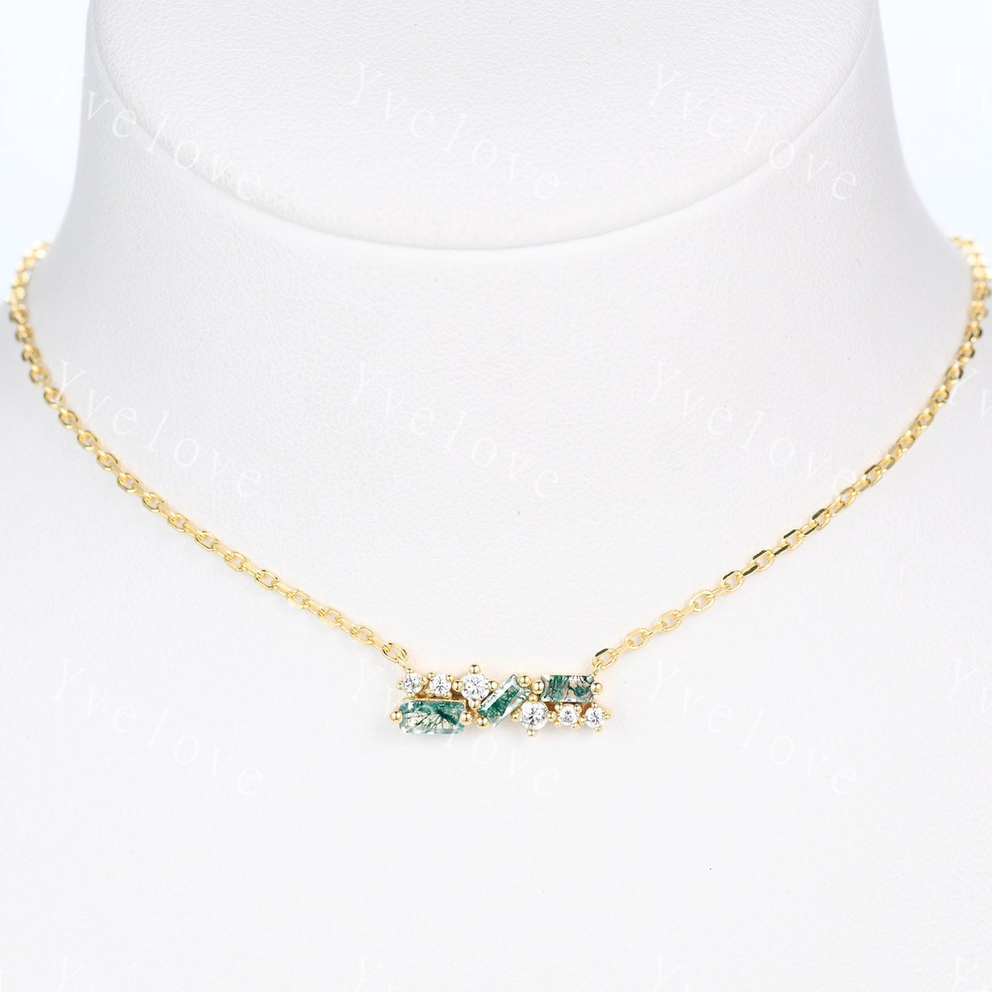 Vintage Baguette Moss Agate Necklace,Nature Gem Art Deco Moissanite Diamond Pendant Dainty Necklace,Silver Necklace,Best friend Gift For Her