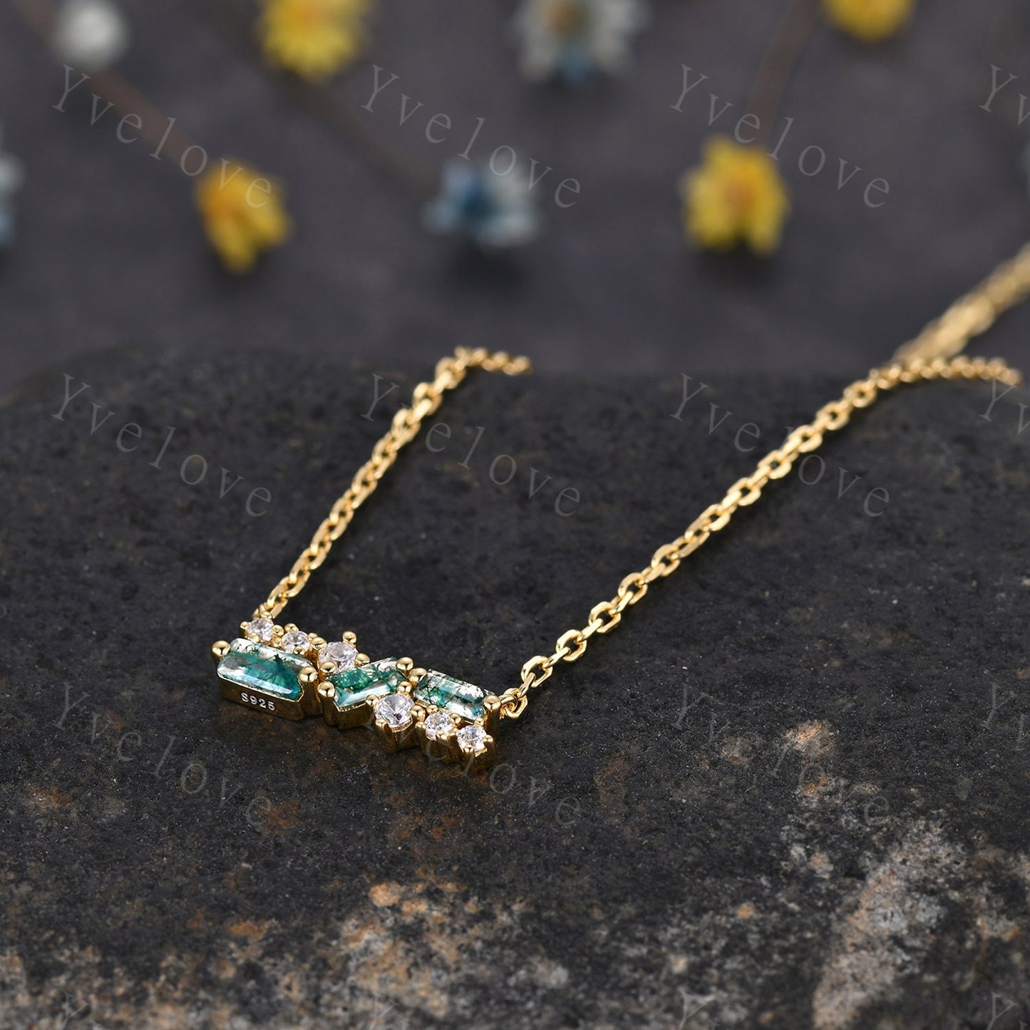 Vintage Baguette Moss Agate Necklace,Nature Gem Art Deco Moissanite Diamond Pendant Dainty Necklace,Silver Necklace,Best friend Gift For Her