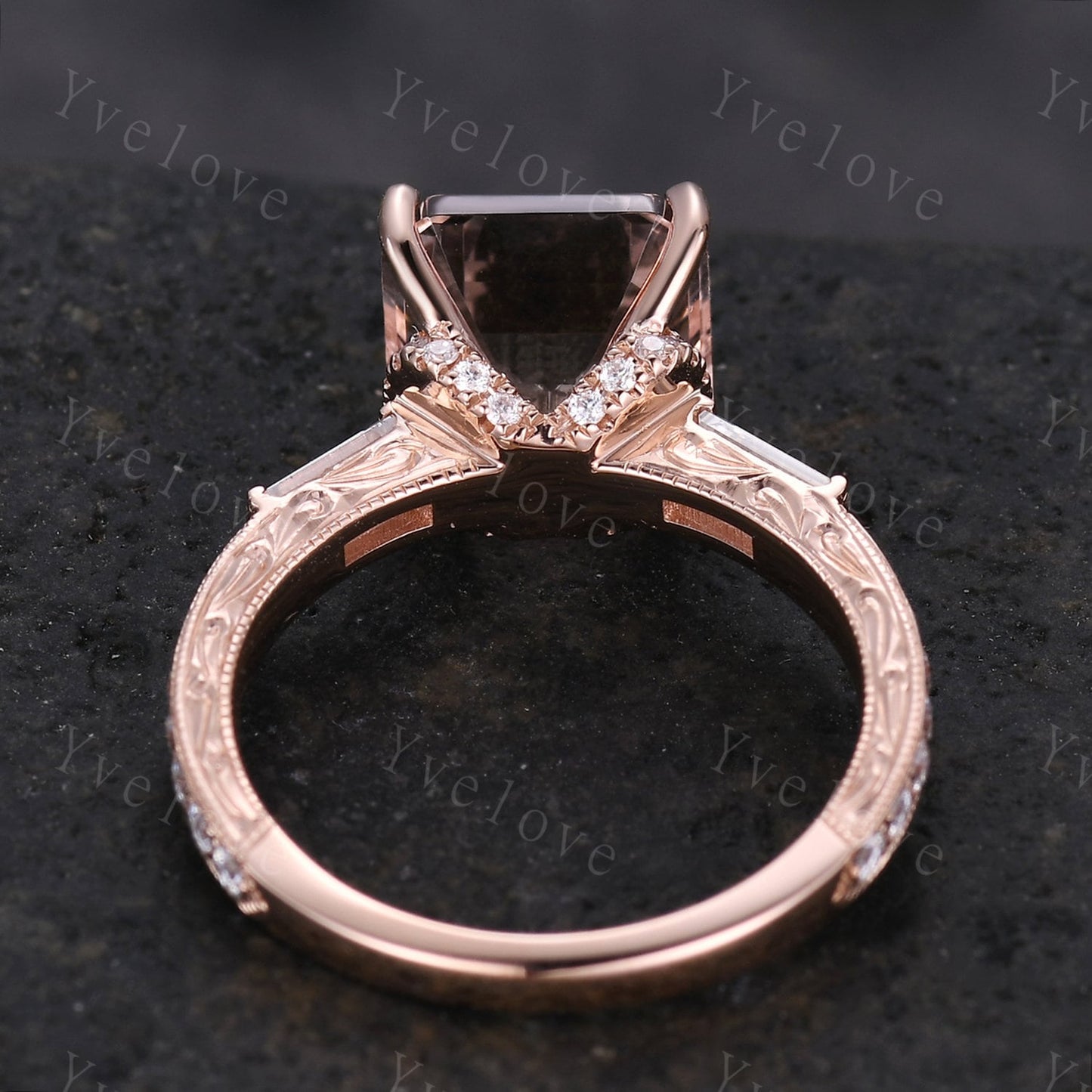 Asscher cut pink morganite engagement ring art deco natural gemstone baguette diamond wedding band 14k rose gold hand carved milgrain Ring