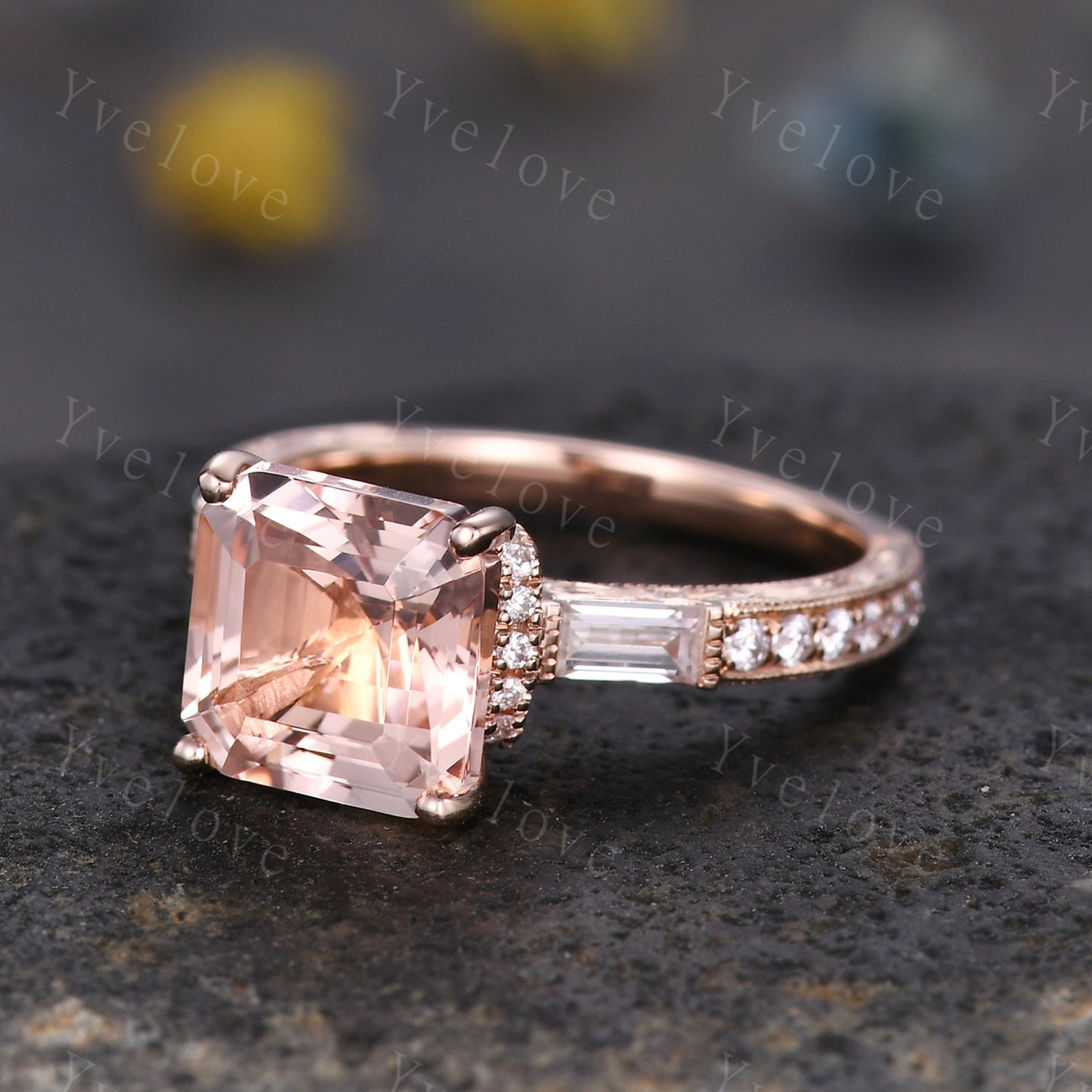 Asscher cut pink morganite engagement ring art deco natural gemstone baguette diamond wedding band 14k rose gold hand carved milgrain Ring