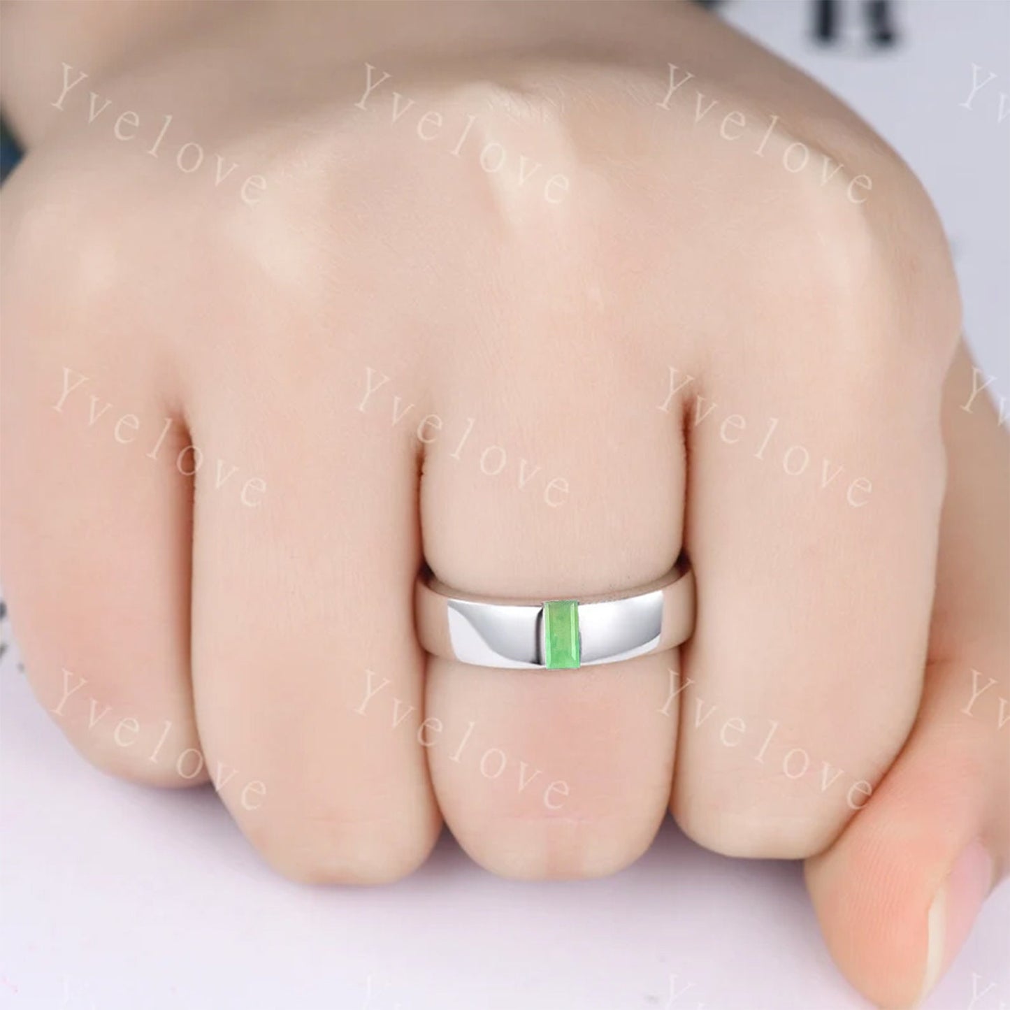 Mens Jade Wedding Band Baguette Cut Green Jade Band 5mm Solid Gold Ring Mens Solitaire Stacking Matching Band Retro Vintage Ring Gift