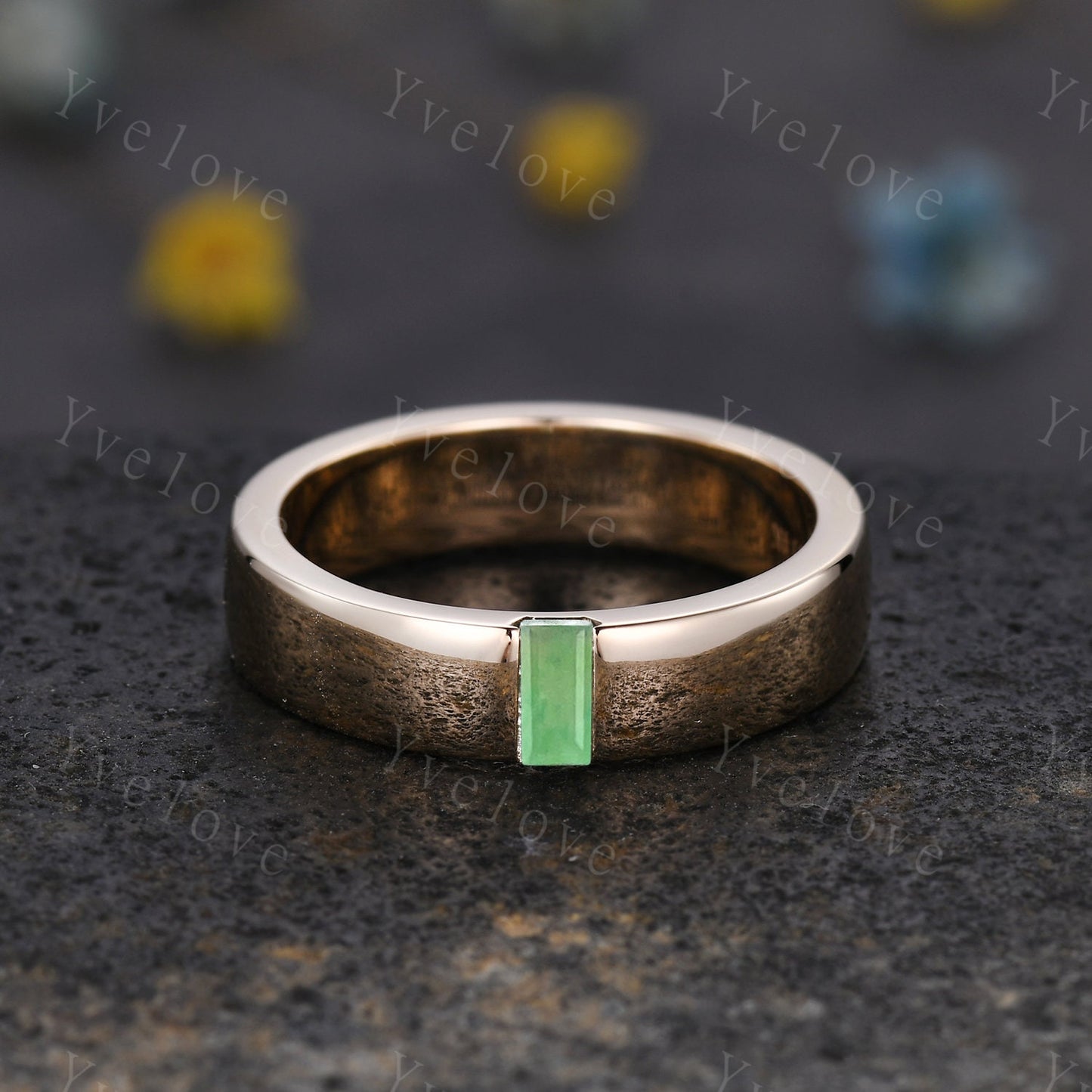 Mens Jade Wedding Band Baguette Cut Green Jade Band 5mm Solid Gold Ring Mens Solitaire Stacking Matching Band Retro Vintage Ring Gift