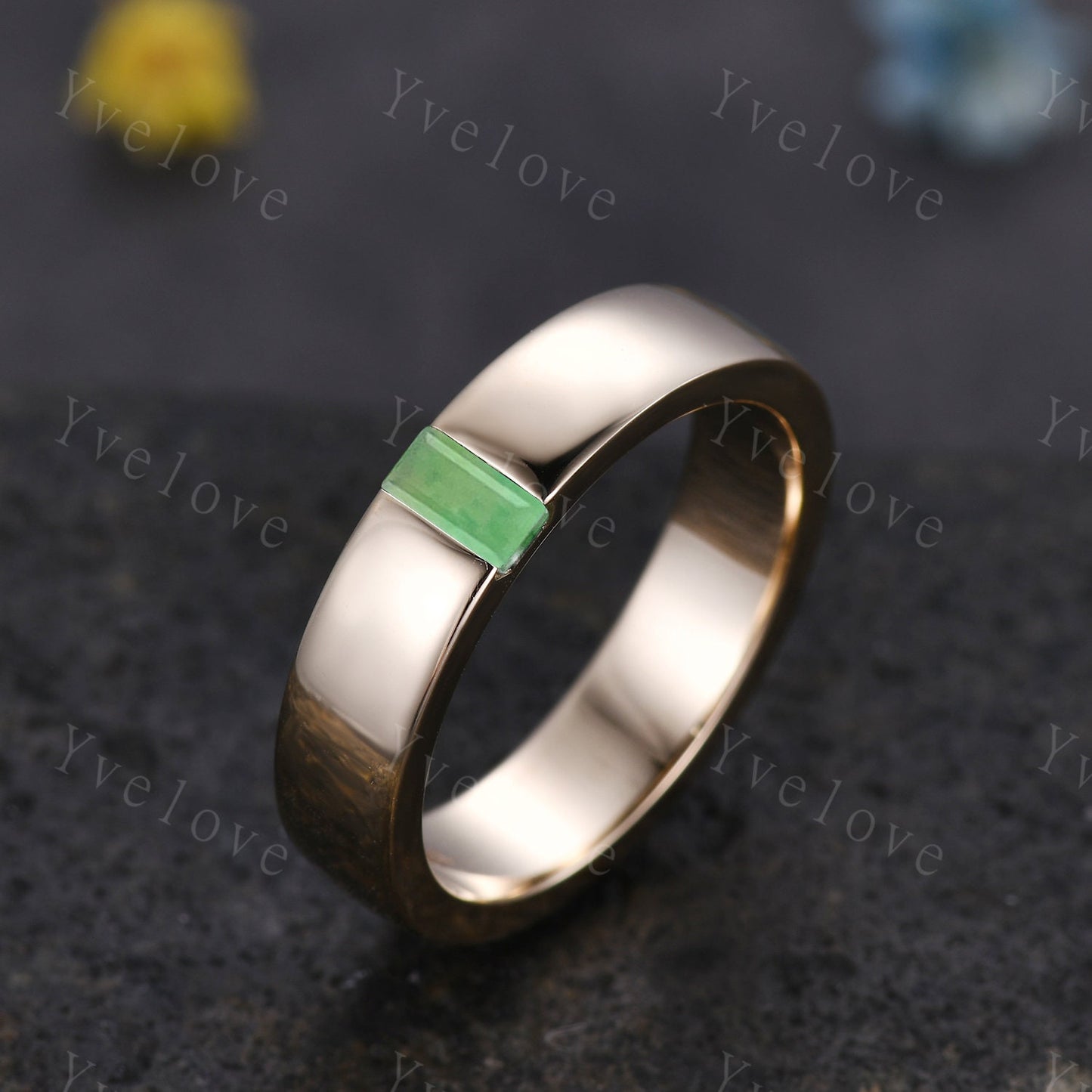 Mens Jade Wedding Band Baguette Cut Green Jade Band 5mm Solid Gold Ring Mens Solitaire Stacking Matching Band Retro Vintage Ring Gift