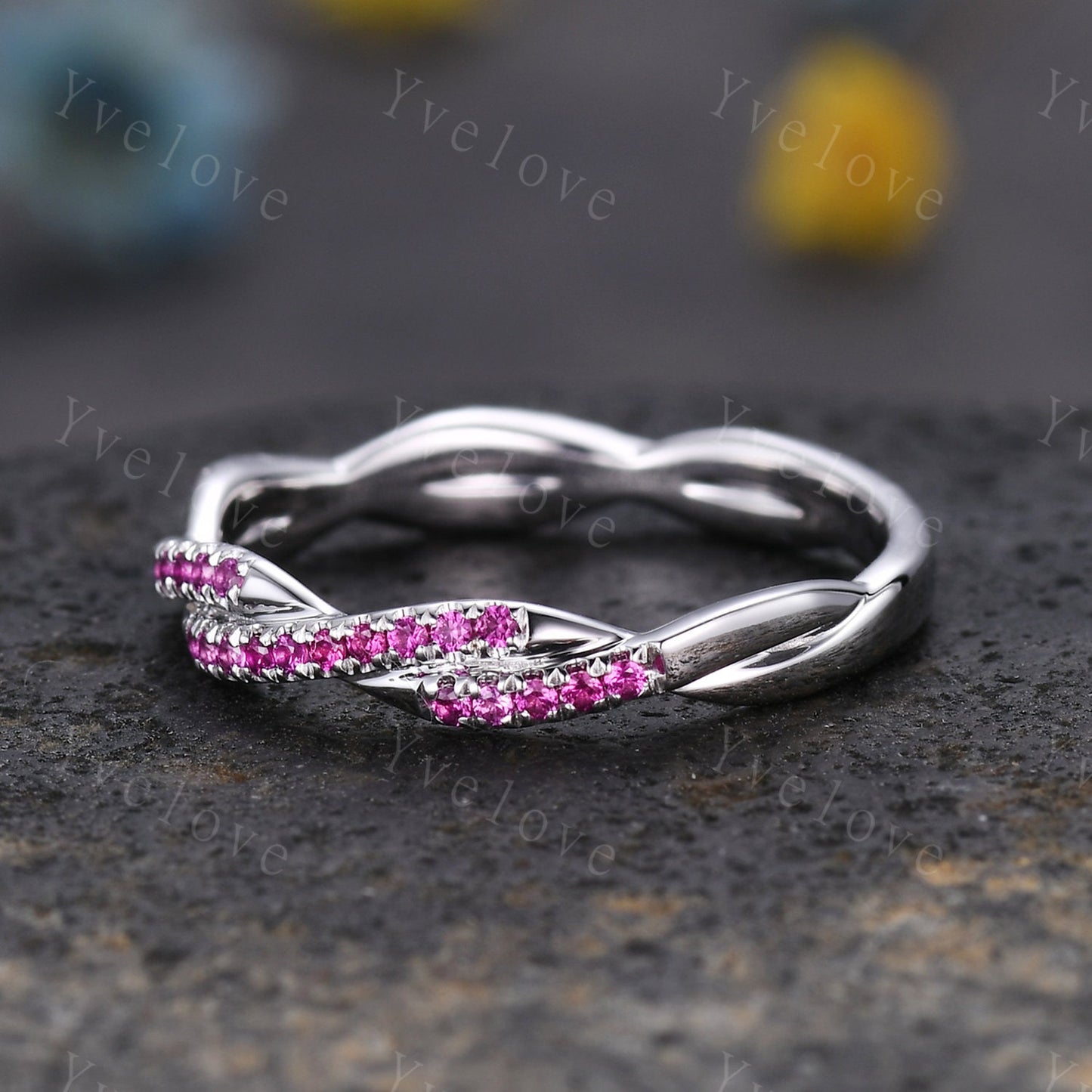 Natural ruby ring,red ruby wedding band twisted shape eternity ring 14k white gold engagement ring stacking matching band Valentine gift