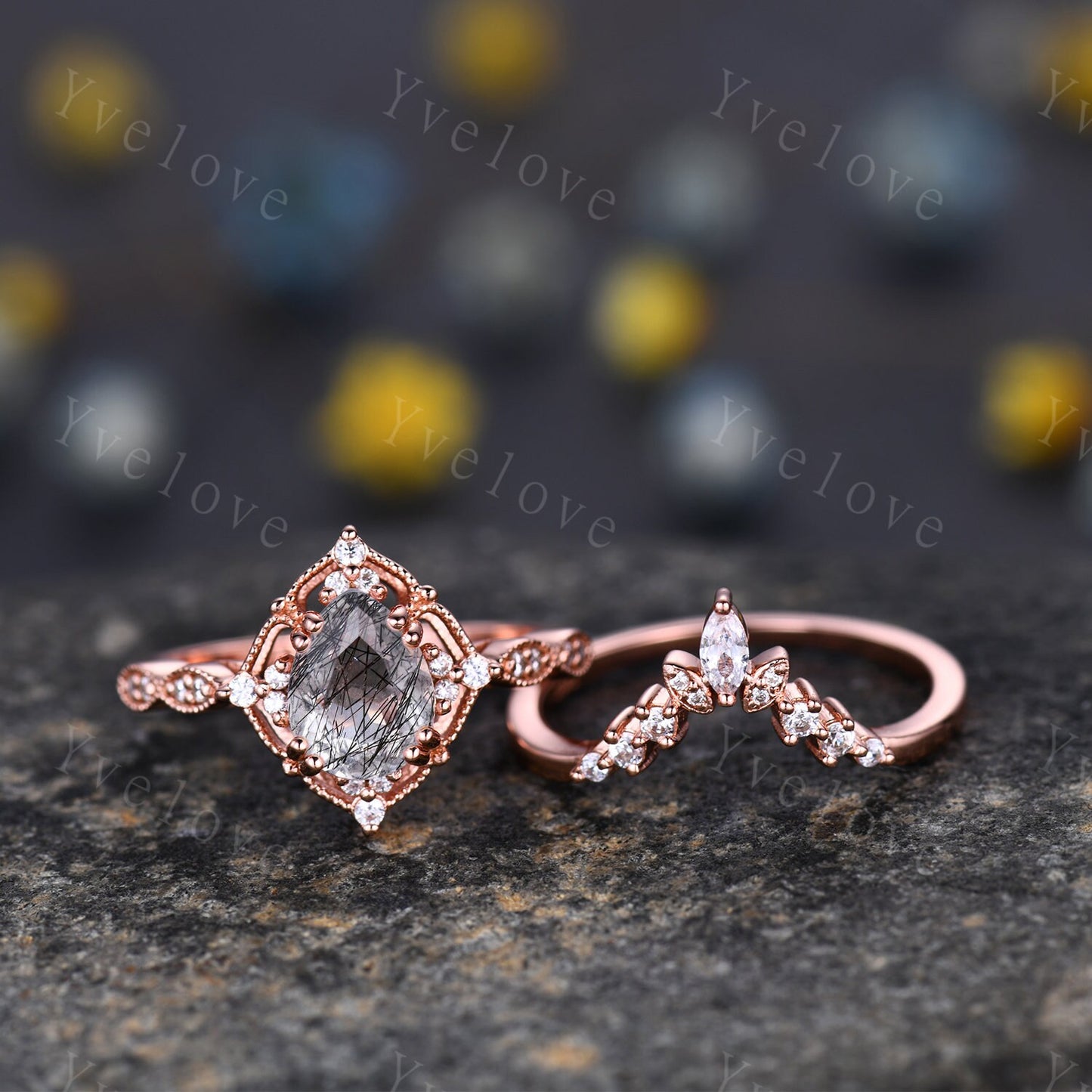 Vintage Black Rutilate Quartz Engagement Ring,Pear Black Quartz Ring Set,14k Gold Ring,Unique Women Moissanite Promise Ring For Her,Handmade
