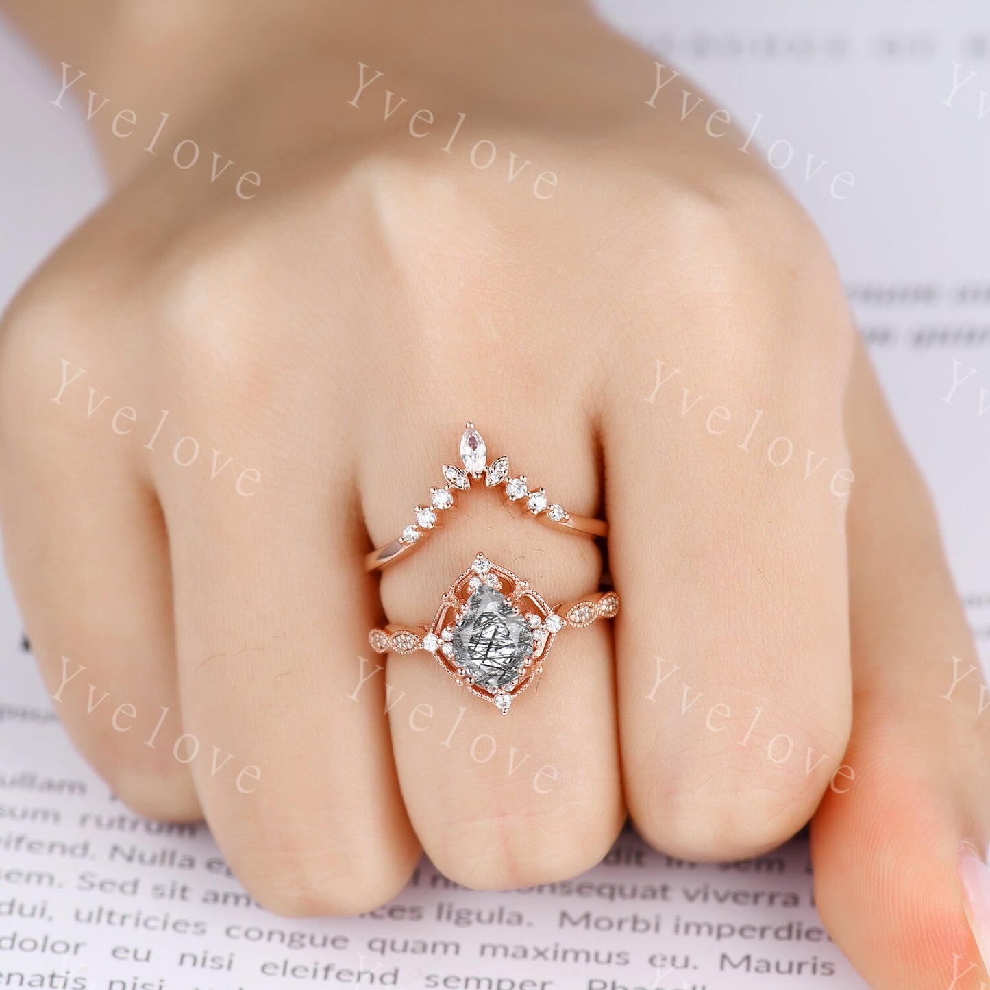 Vintage Black Rutilate Quartz Engagement Ring,Pear Black Quartz Ring Set,14k Gold Ring,Unique Women Moissanite Promise Ring For Her,Handmade