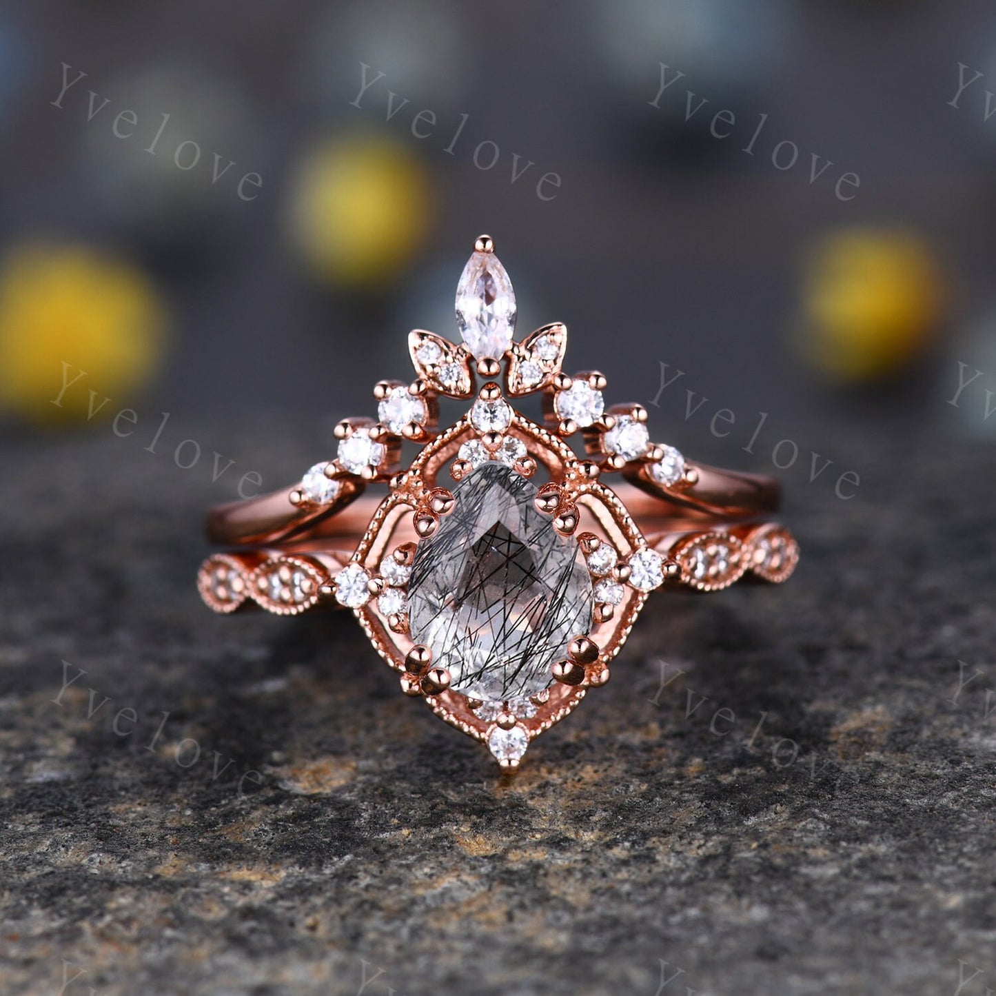 Vintage Black Rutilate Quartz Engagement Ring,Pear Black Quartz Ring Set,14k Gold Ring,Unique Women Moissanite Promise Ring For Her,Handmade