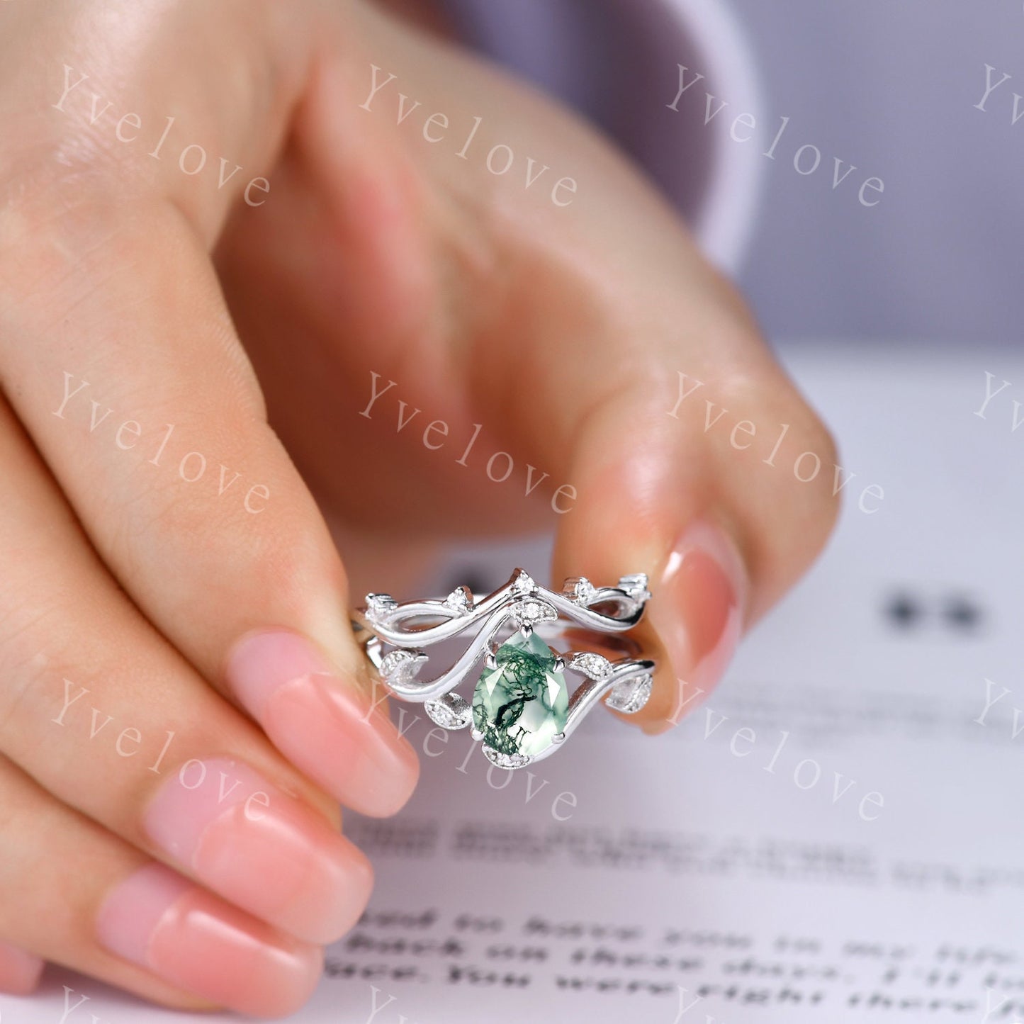 Retro Teardrop Moss Agate Ring Set,Vintage 925 Silver Ring,Unique Natural Agate Engagement Ring,Promise Anniversary Bridal Ring Gift,Custom