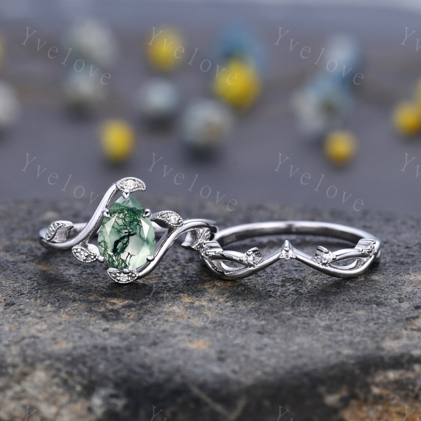 Retro Teardrop Moss Agate Ring Set,Vintage 925 Silver Ring,Unique Natural Agate Engagement Ring,Promise Anniversary Bridal Ring Gift,Custom