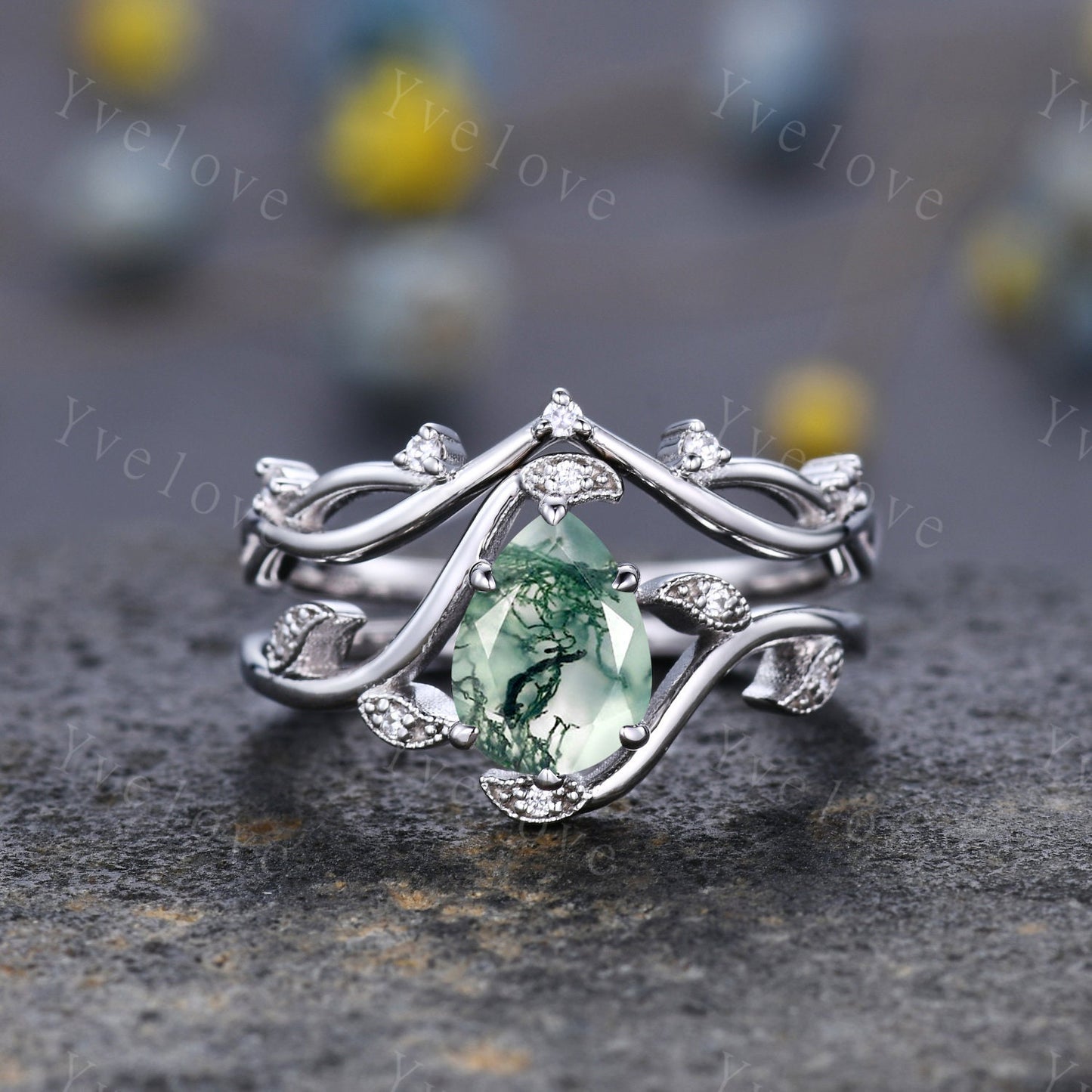 Retro Teardrop Moss Agate Ring Set,Vintage 925 Silver Ring,Unique Natural Agate Engagement Ring,Promise Anniversary Bridal Ring Gift,Custom