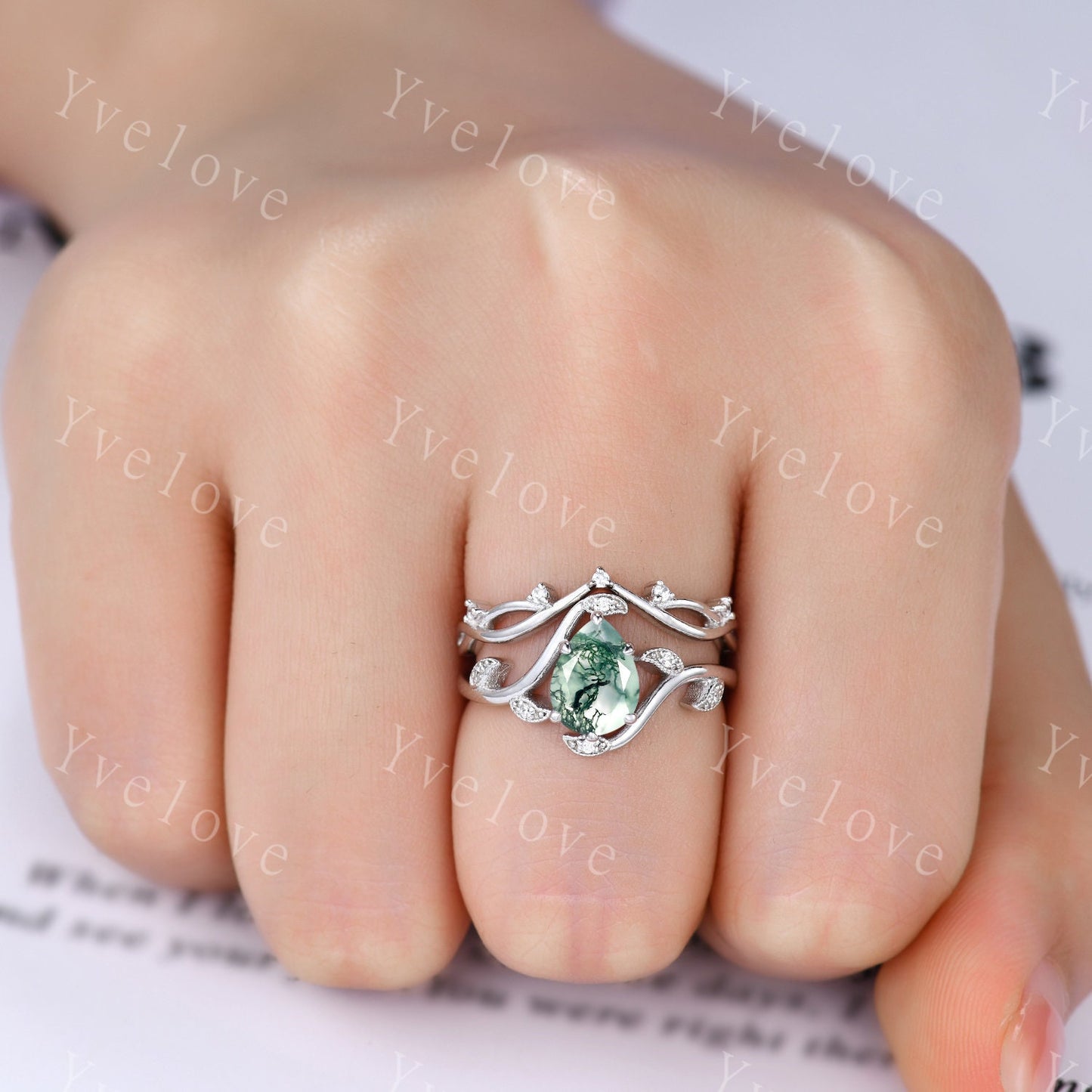 Retro Teardrop Moss Agate Ring Set,Vintage 925 Silver Ring,Unique Natural Agate Engagement Ring,Promise Anniversary Bridal Ring Gift,Custom