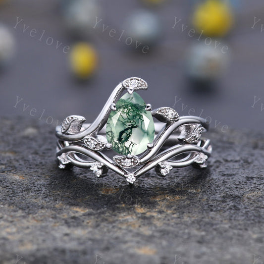 Retro Teardrop Moss Agate Ring Set,Vintage 925 Silver Ring,Unique Natural Agate Engagement Ring,Promise Anniversary Bridal Ring Gift,Custom