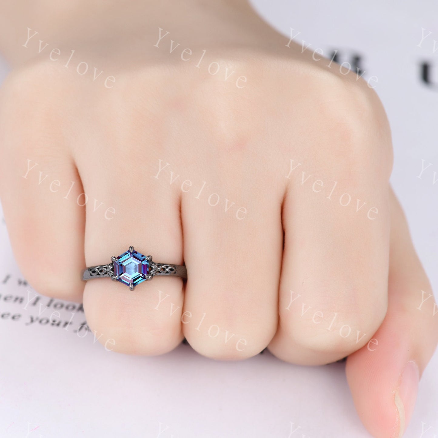 Hexagon Shaped Alexandrite Engagement Ring Set Black Silver Band Vintage Moissanite Wedding Ring Enhancer Band Art Deco Women Bridal Set
