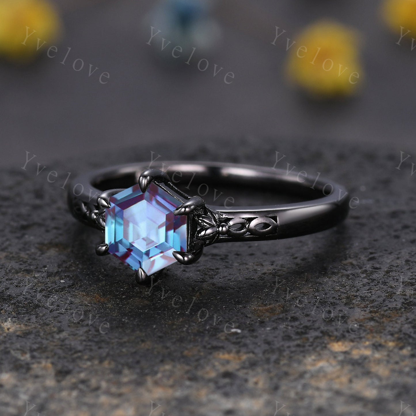 Hexagon Shaped Alexandrite Engagement Ring Set Black Silver Band Vintage Moissanite Wedding Ring Enhancer Band Art Deco Women Bridal Set