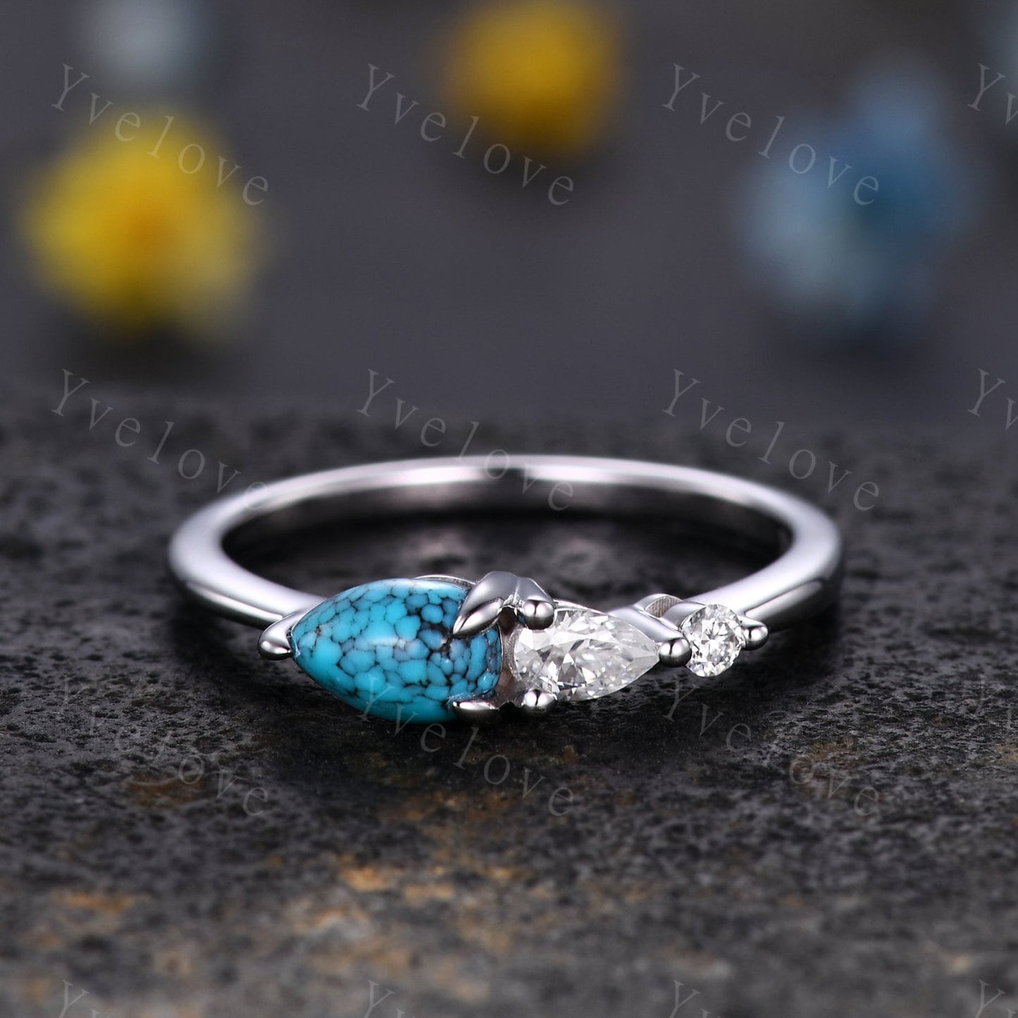 Vintage Turquoise Ring Engagement Ring,Pear Cut Gems,Art Deco Moissanite Wedding Band,3 Stone Unique Women Bridal Promise Ring,Rose gold