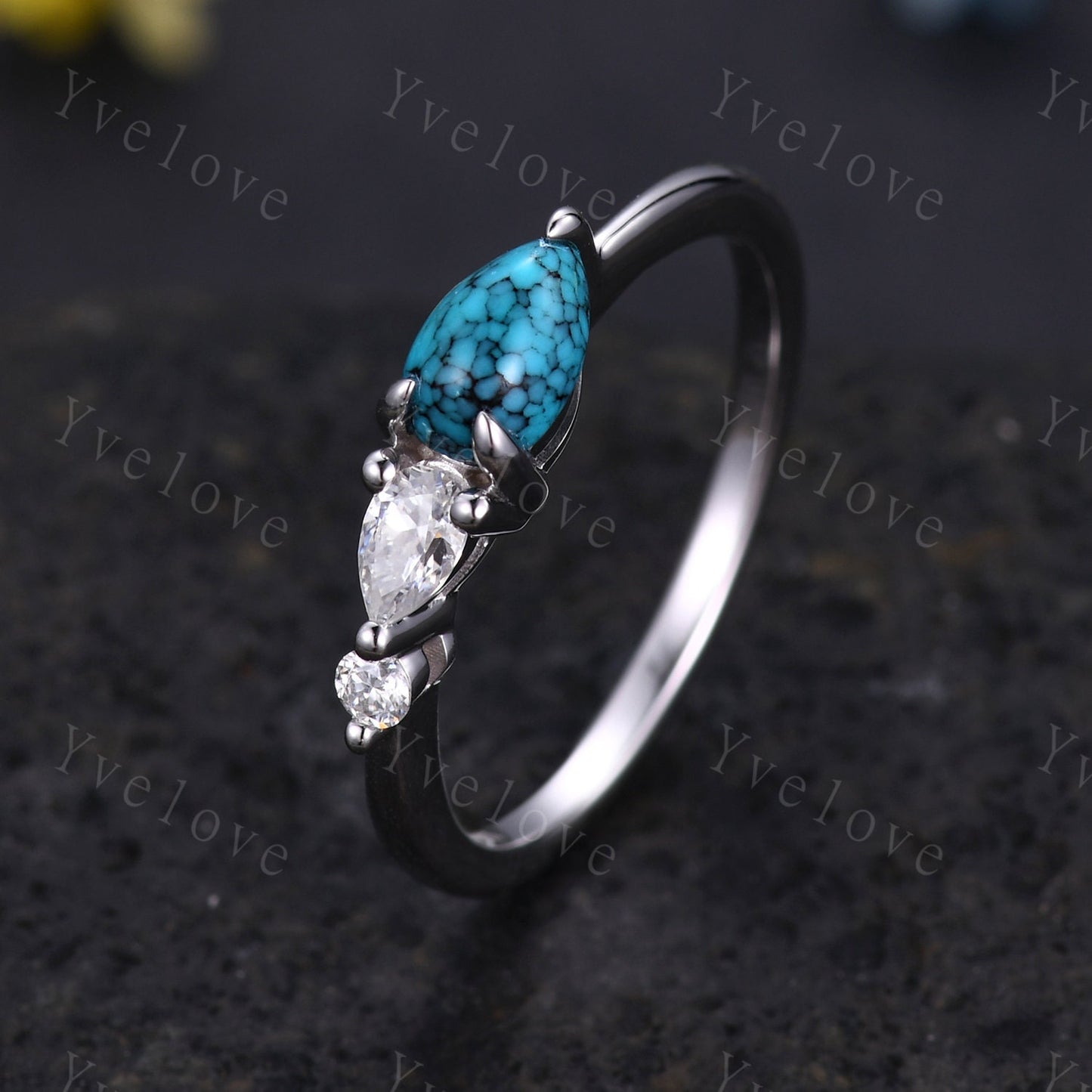 Vintage Turquoise Ring Engagement Ring,Pear Cut Gems,Art Deco Moissanite Wedding Band,3 Stone Unique Women Bridal Promise Ring,Rose gold