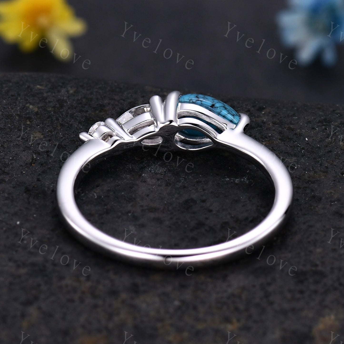 Vintage Turquoise Ring Engagement Ring,Pear Cut Gems,Art Deco Moissanite Wedding Band,3 Stone Unique Women Bridal Promise Ring,Rose gold