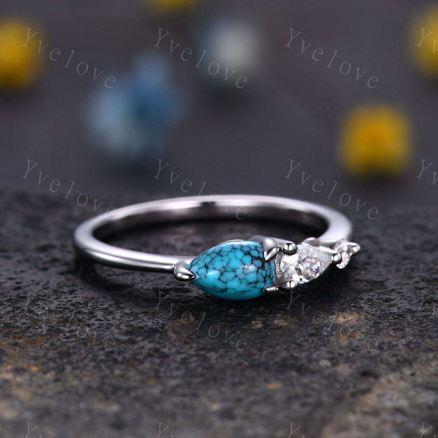 Vintage Turquoise Ring Engagement Ring,Pear Cut Gems,Art Deco Moissanite Wedding Band,3 Stone Unique Women Bridal Promise Ring,Rose gold