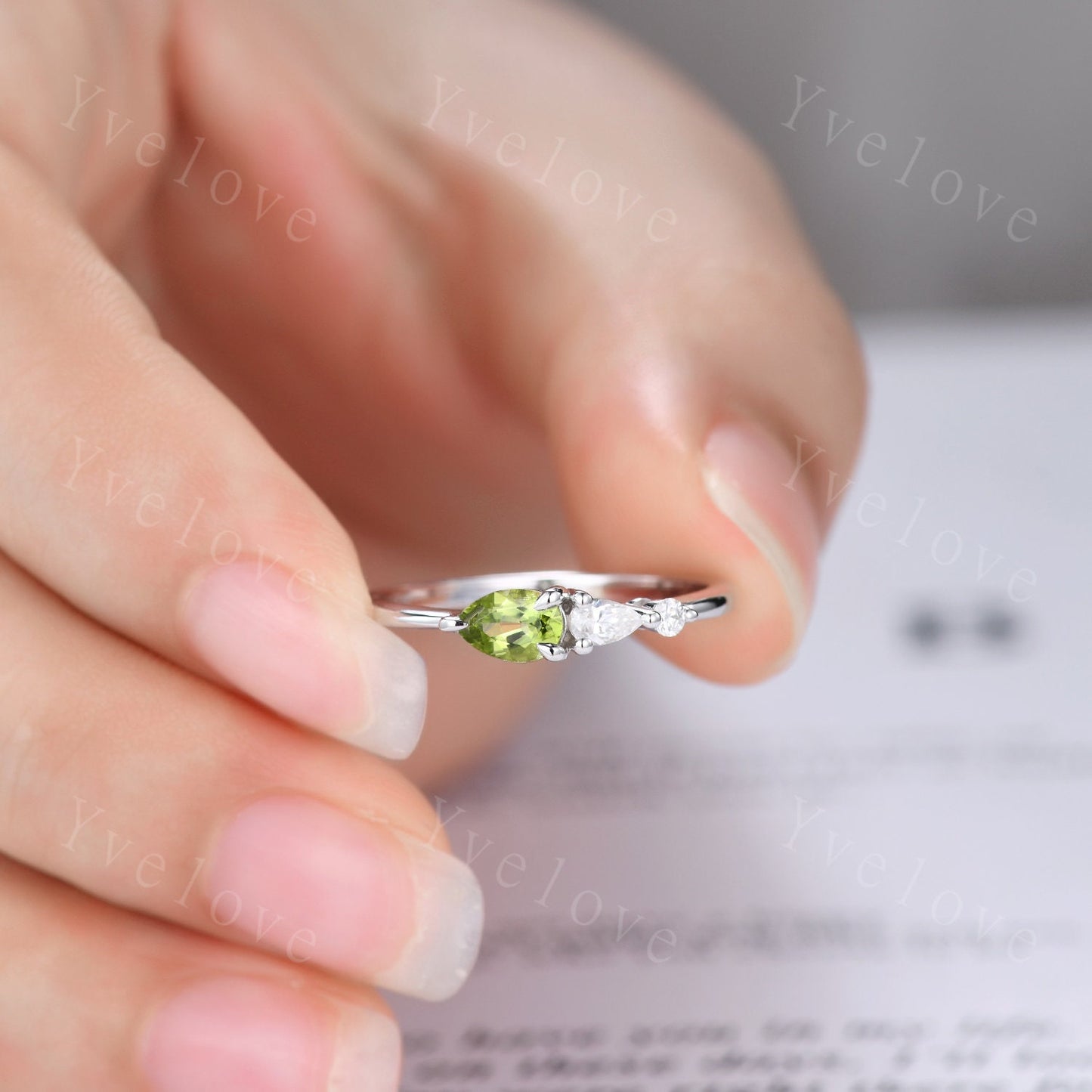 Vintage Peridot Ring Green Engagement Ring,Pear Cut Gems,Art Deco Moissanite Wedding Band,3 Stone Unique Women Bridal Promise Ring,Rose gold