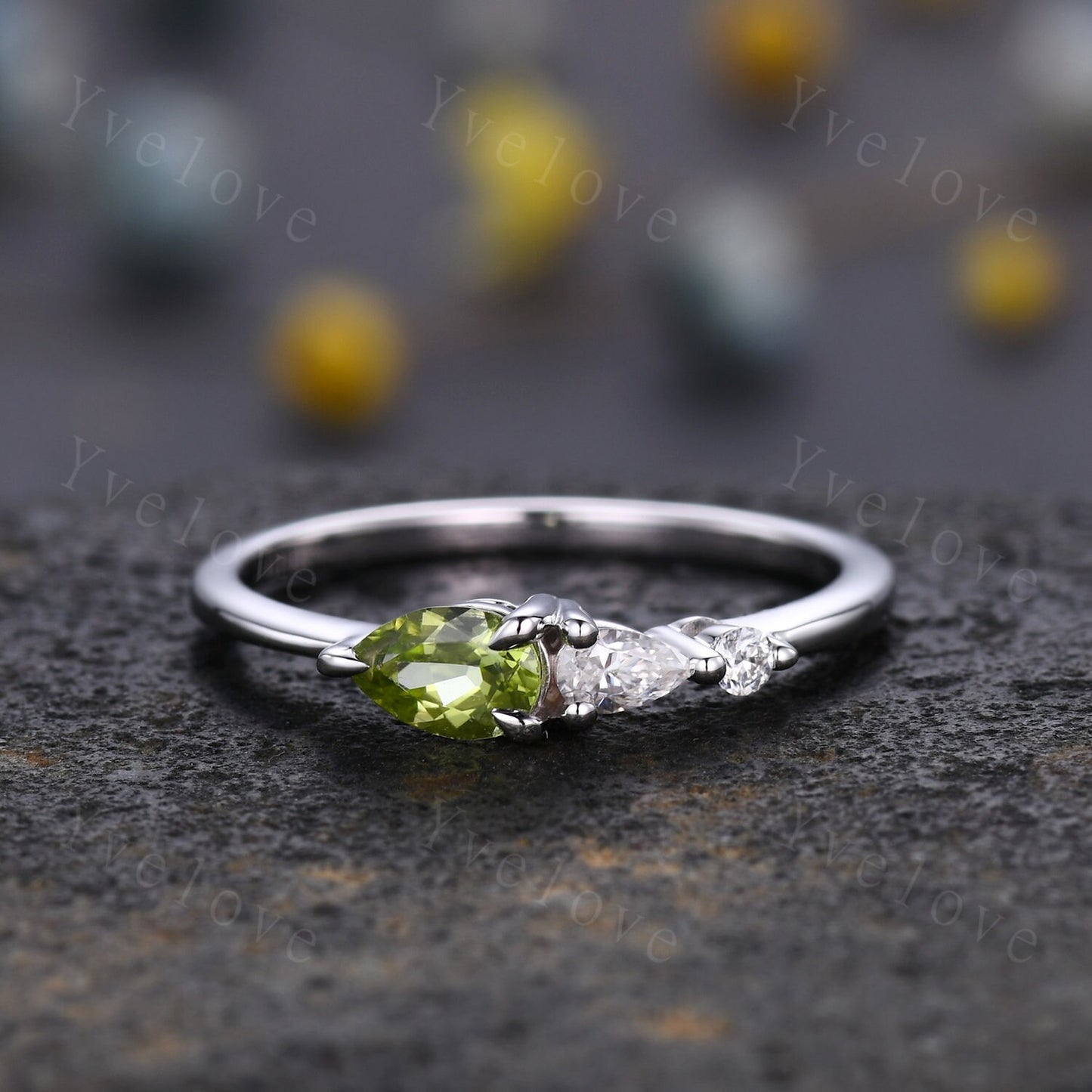 Vintage Peridot Ring Green Engagement Ring,Pear Cut Gems,Art Deco Moissanite Wedding Band,3 Stone Unique Women Bridal Promise Ring,Rose gold