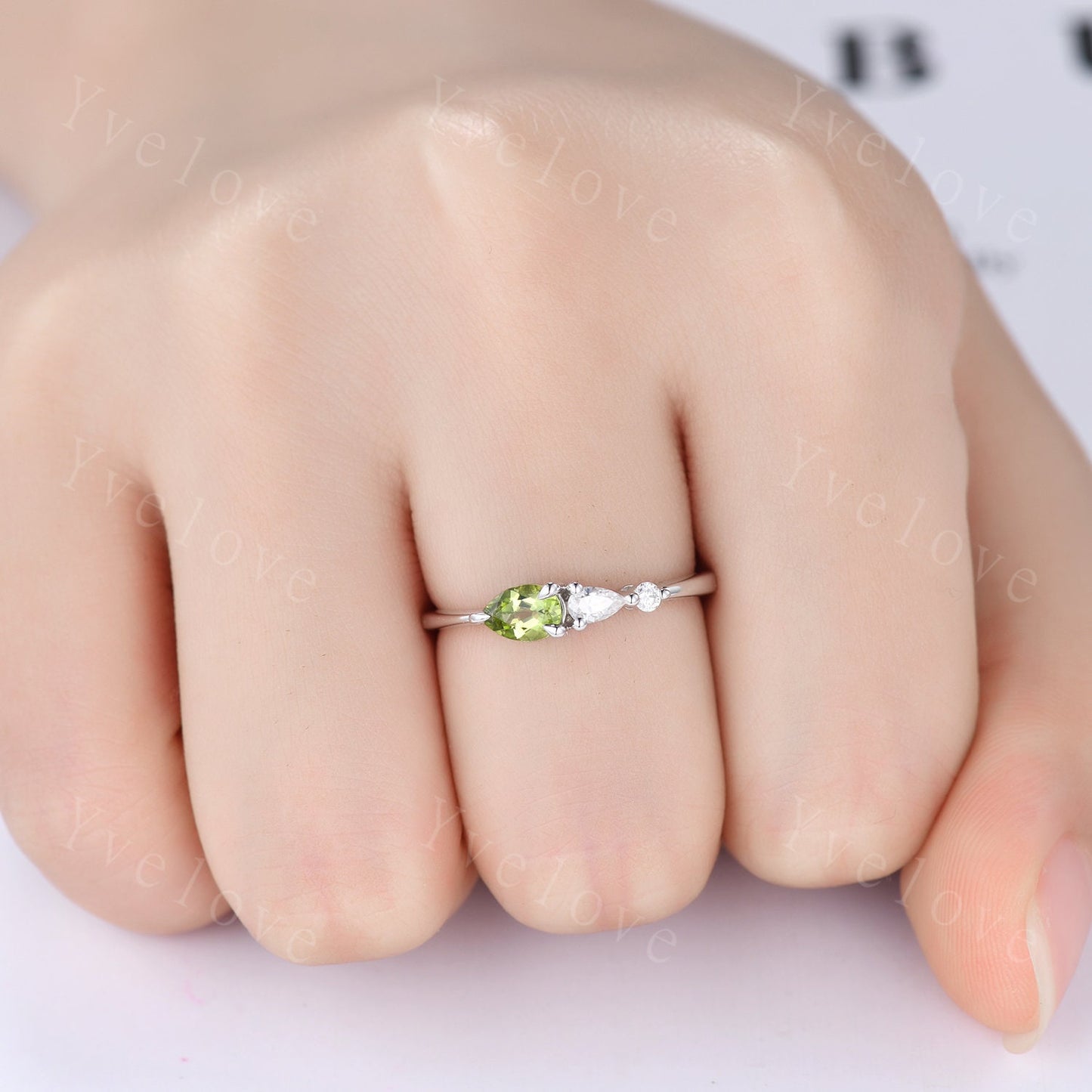 Vintage Peridot Ring Green Engagement Ring,Pear Cut Gems,Art Deco Moissanite Wedding Band,3 Stone Unique Women Bridal Promise Ring,Rose gold