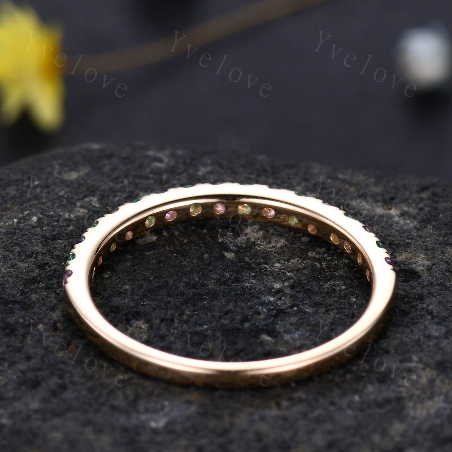 Amethyst emerald band art deco amethyst ring 14k rose gold emerald stacking matching band May birthstone gift promise bridal ring custom