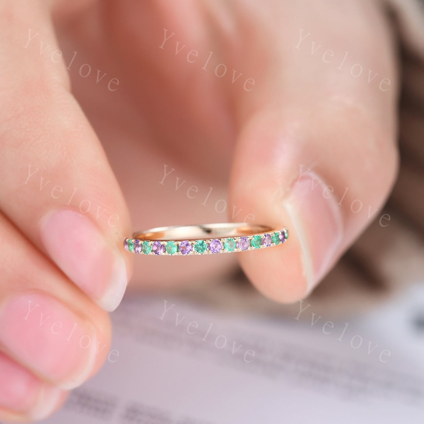Amethyst emerald band art deco amethyst ring 14k rose gold emerald stacking matching band May birthstone gift promise bridal ring custom