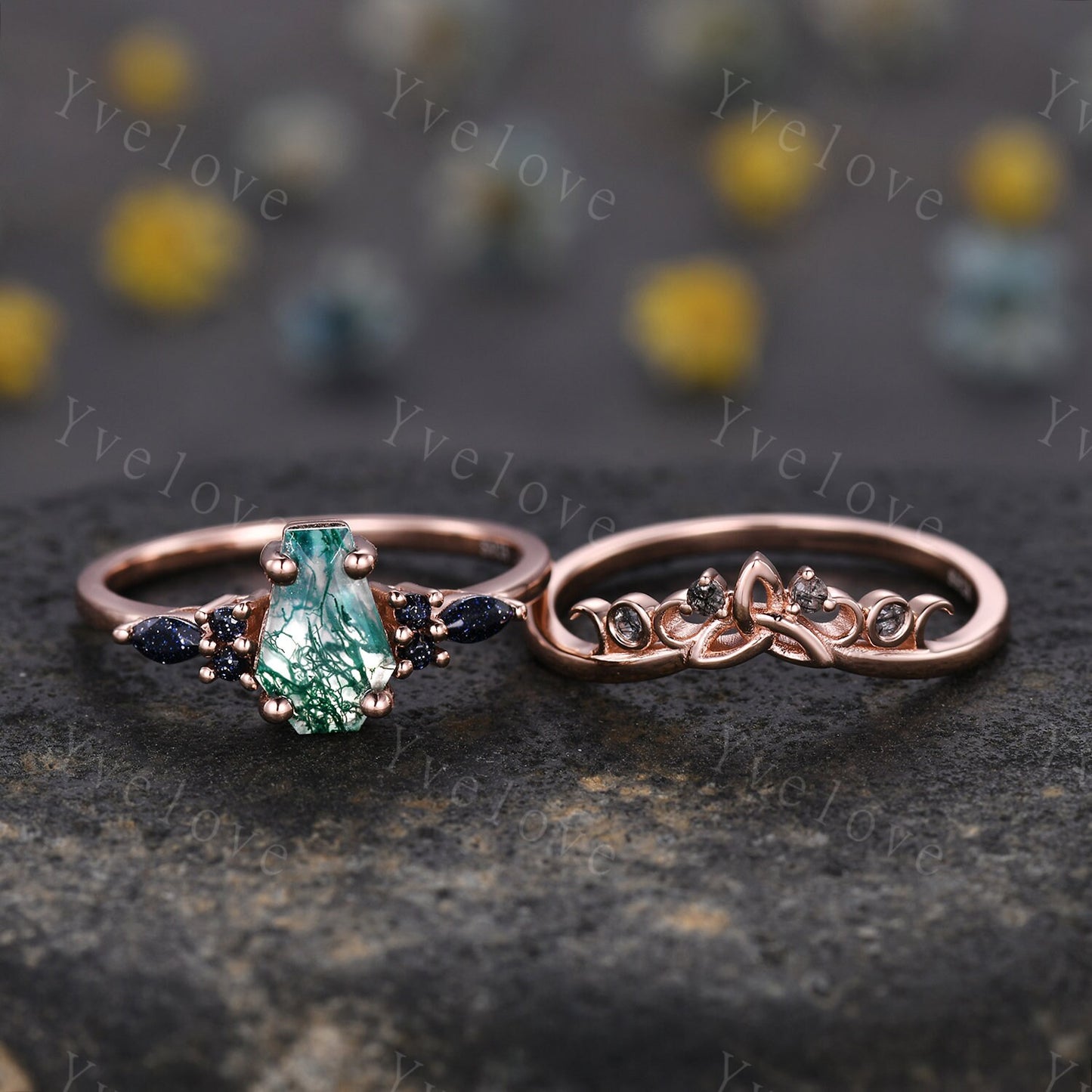 Vintage coffin moss agate engagement ring set sandstone and black quartz gems rose gold matching band promise ring unique wedding ring set