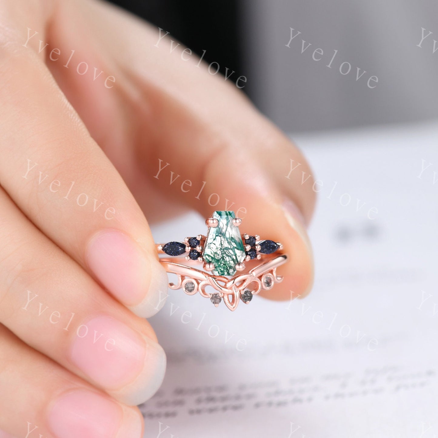 Vintage coffin moss agate engagement ring set sandstone and black quartz gems rose gold matching band promise ring unique wedding ring set