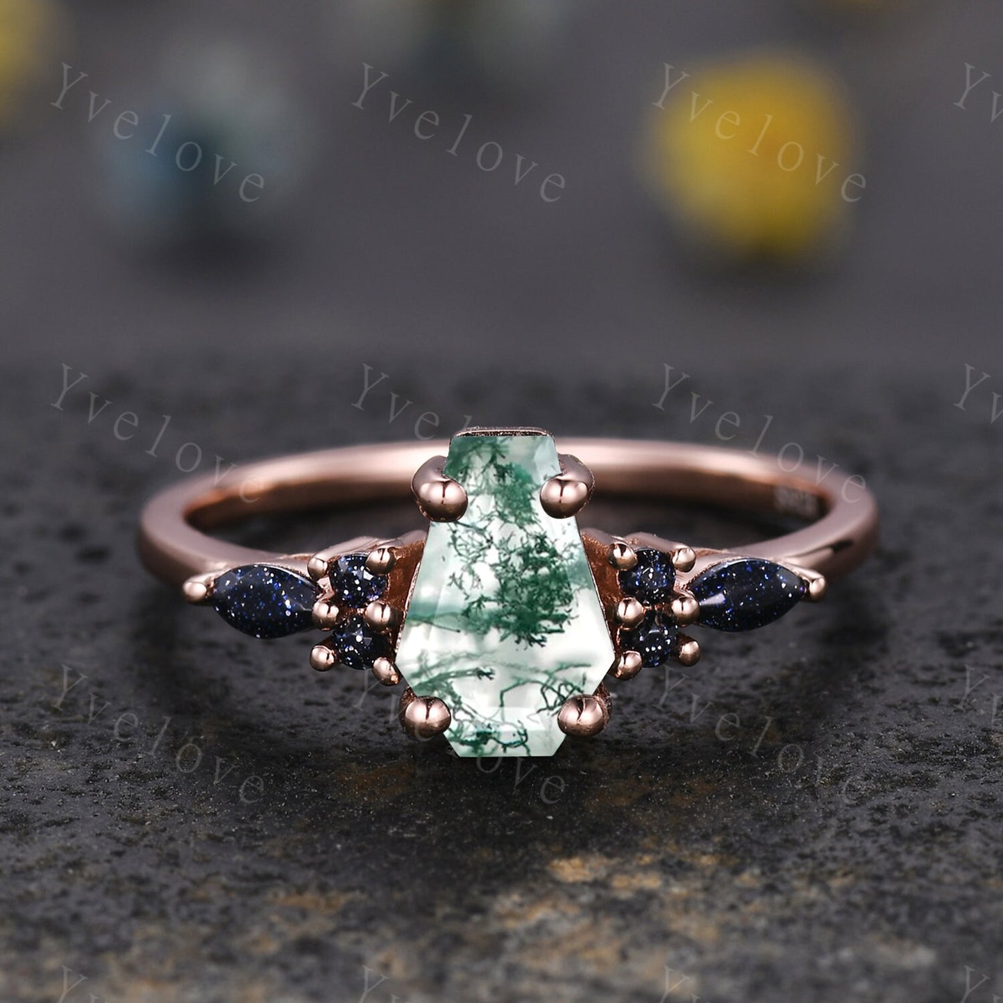 Vintage coffin moss agate engagement ring set sandstone and black quartz gems rose gold matching band promise ring unique wedding ring set
