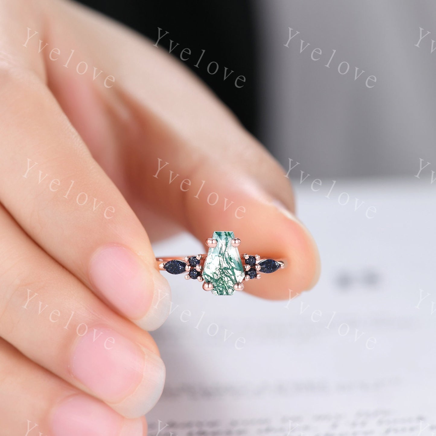 Vintage coffin moss agate engagement ring set sandstone and black quartz gems rose gold matching band promise ring unique wedding ring set