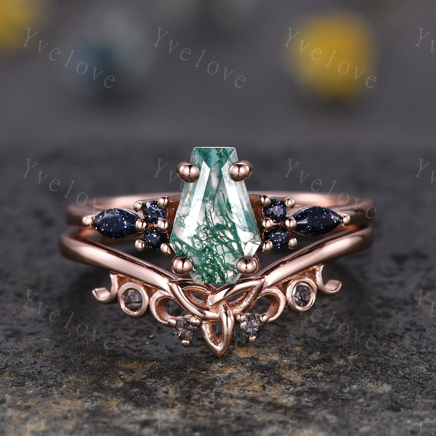 Vintage coffin moss agate engagement ring set sandstone and black quartz gems rose gold matching band promise ring unique wedding ring set