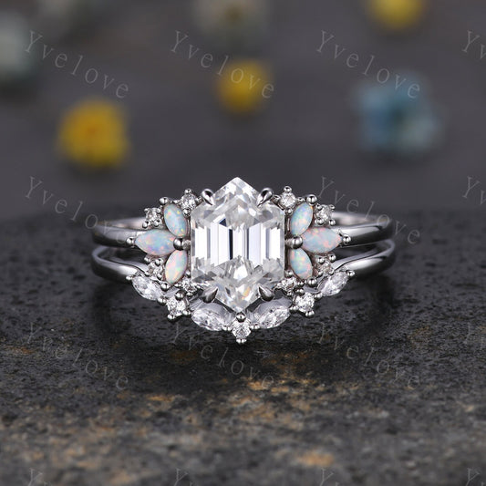 Vintage Hexagon Moissanite Opal engagement ring set,Unique Marquise Opal wedding band,Sterling silver Ring Set,Women Bridal Matching Band
