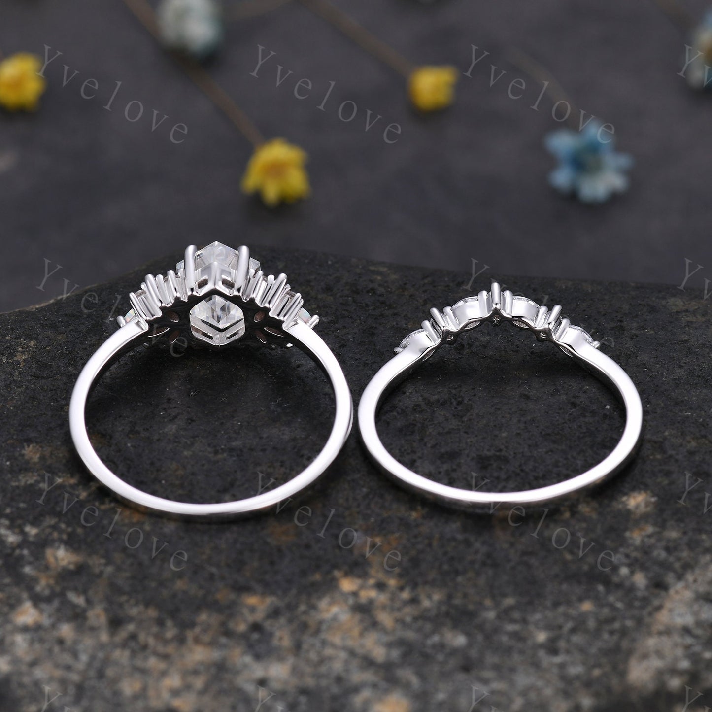 Vintage Hexagon Moissanite Opal engagement ring set,Unique Marquise Opal wedding band,Sterling silver Ring Set,Women Bridal Matching Band