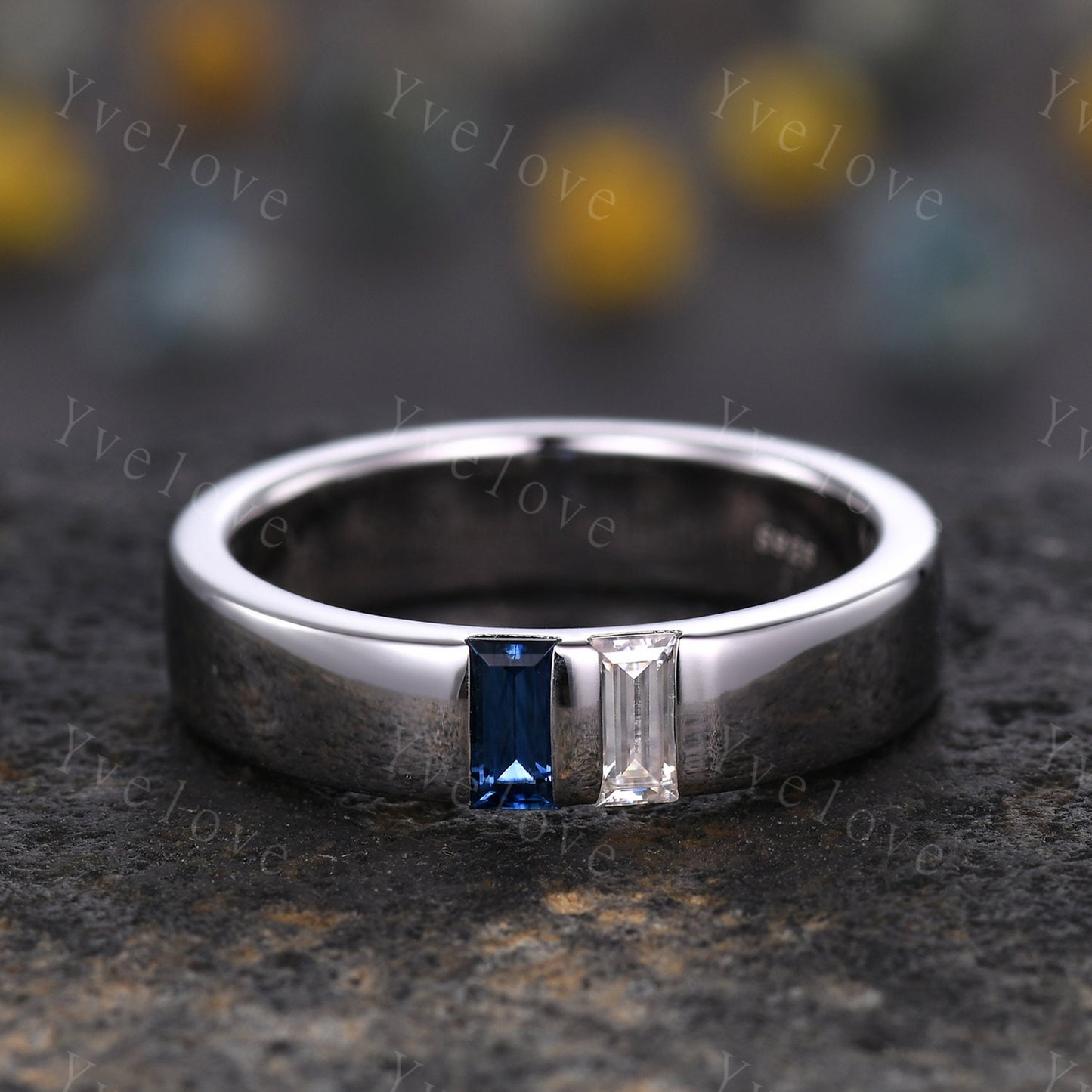 5mm Mens Sapphire Moissanite Wedding Band,Two Baguette Cut Gems,Mens Ring,September Birthstone Ring,Handmade Gift For Him,925 Silver Ring