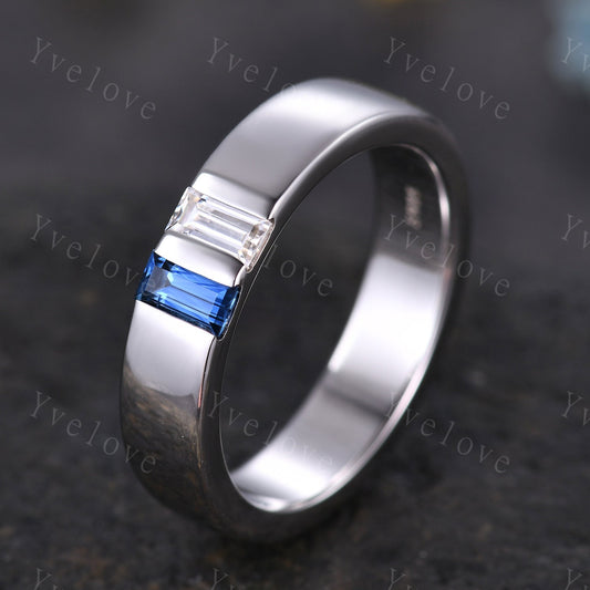 5mm Mens Sapphire Moissanite Wedding Band,Two Baguette Cut Gems,Mens Ring,September Birthstone Ring,Handmade Gift For Him,925 Silver Ring