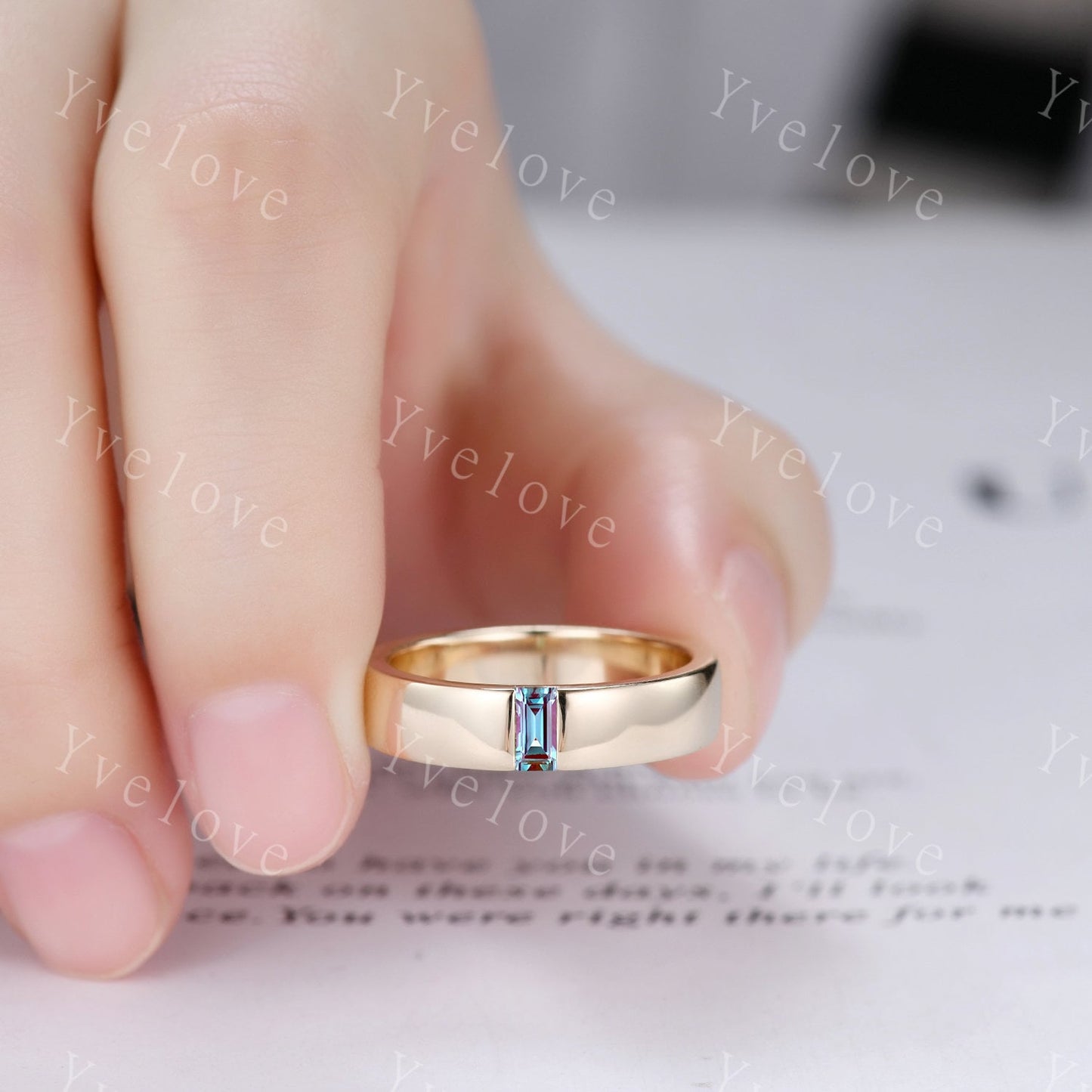 Mens Alexandrite Wedding Band Baguette Shaped Alexandrite Band 5mm Solid White Gold Ring Mens Stacking Matching Band Retro Vintage Ring Gift