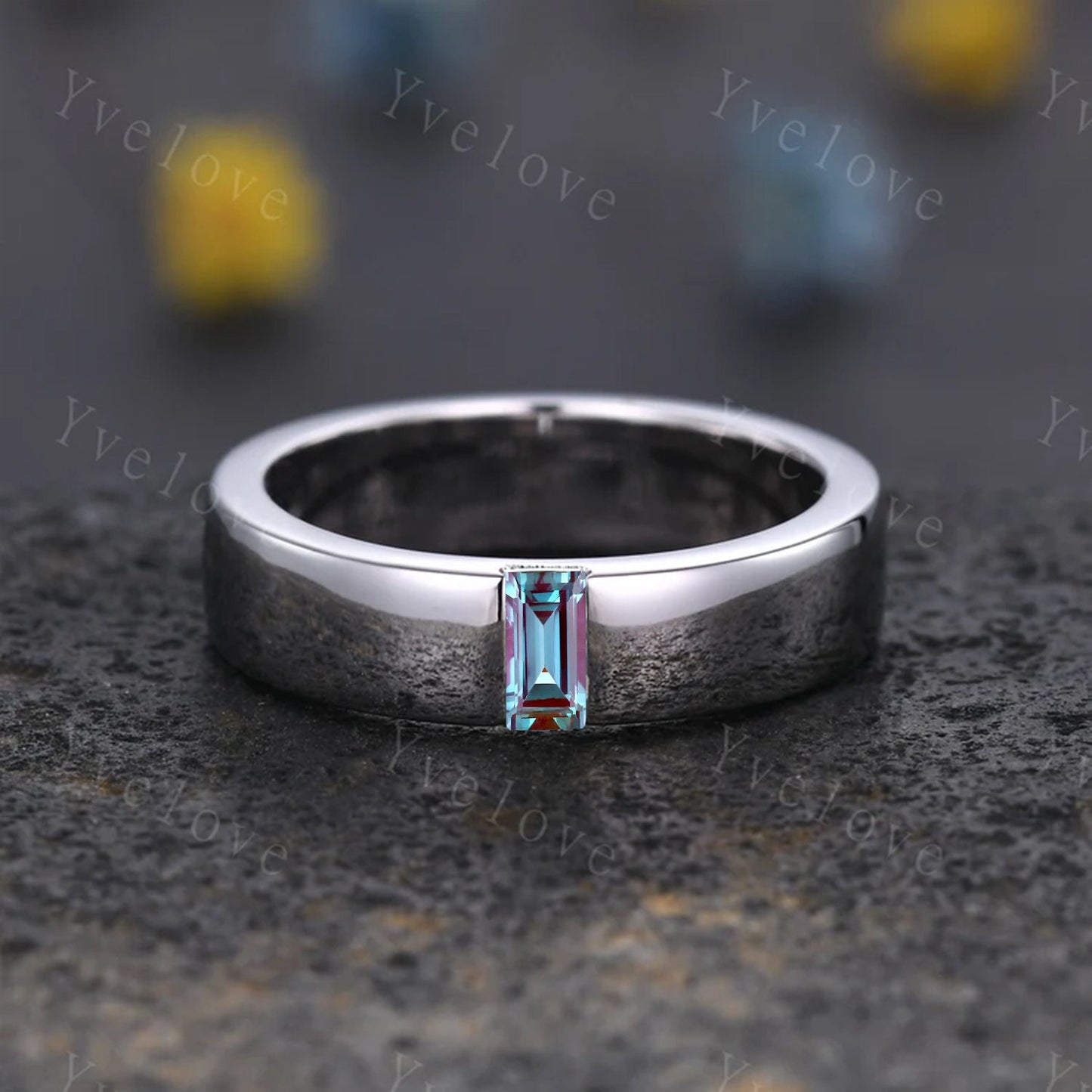 Mens Alexandrite Wedding Band Baguette Shaped Alexandrite Band 5mm Solid White Gold Ring Mens Stacking Matching Band Retro Vintage Ring Gift