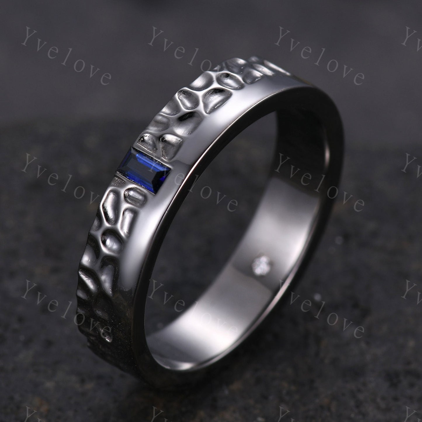 Mens Blue Sapphire Wedding Band Baguette Cut Sapphire Diamond Band Black Gold Mens Hammered Stacking Matching Band Retro Vintage Ring Gift