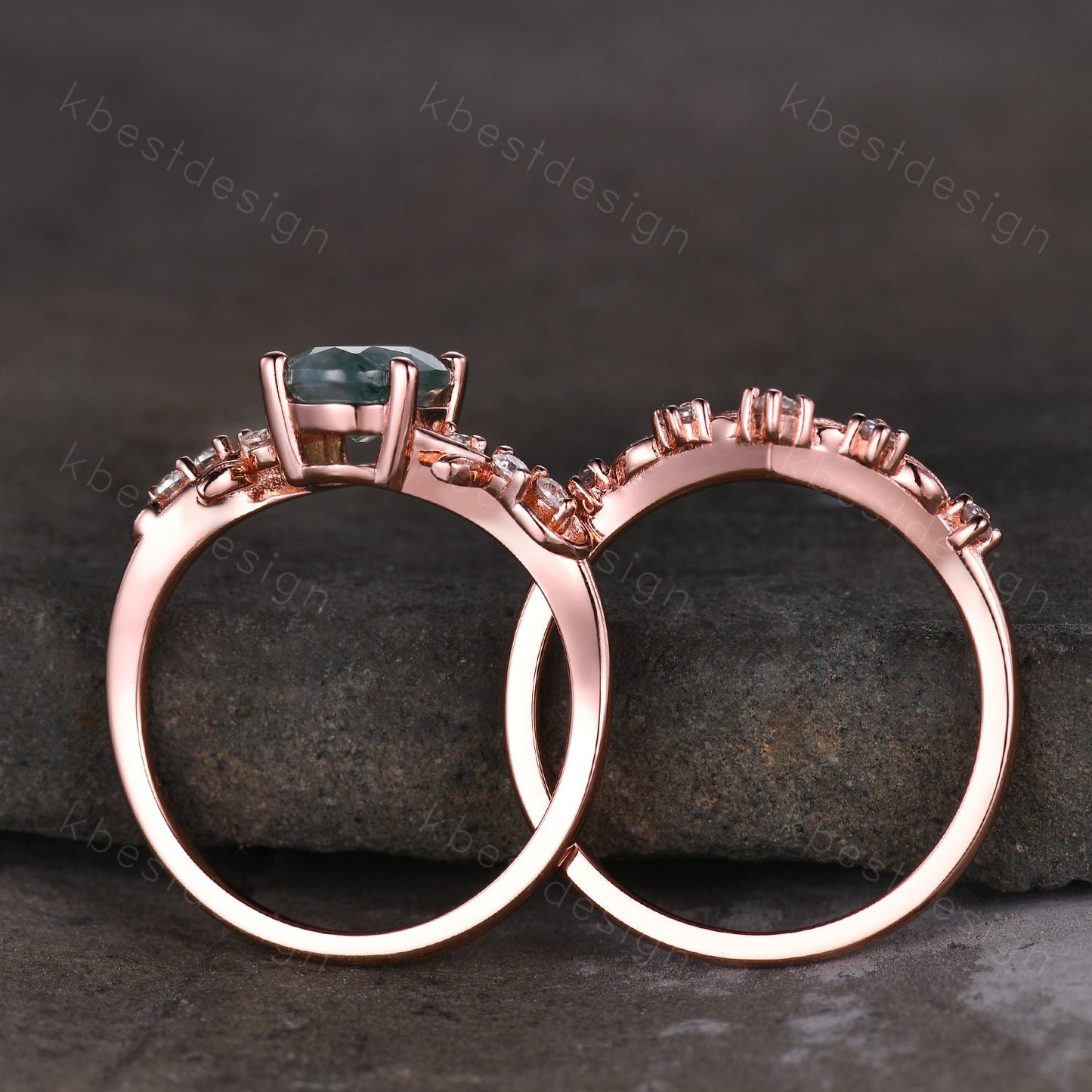 Vintage oval moss agate engagement ring set rose gold twig leaf moissanite ring nature branch ring unique art deco bridal wedding ring set