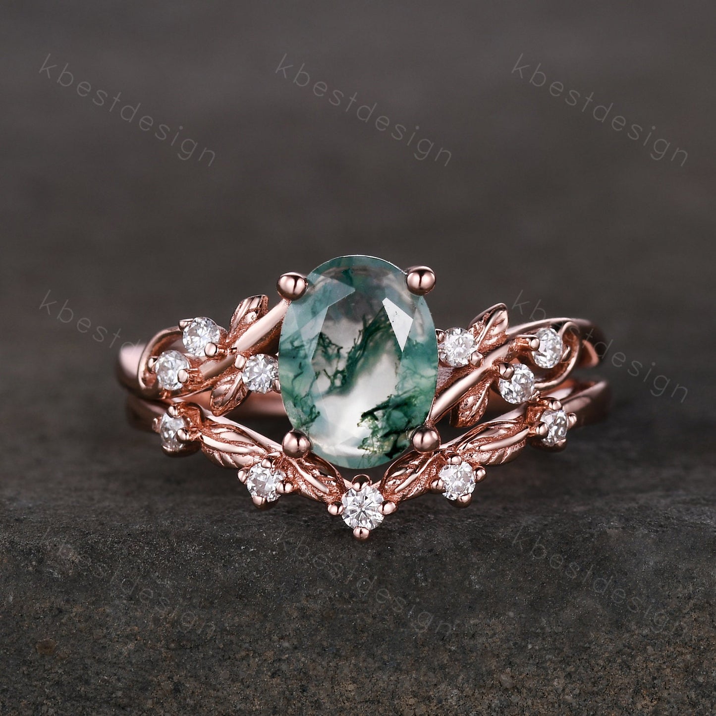 Vintage oval moss agate engagement ring set rose gold twig leaf moissanite ring nature branch ring unique art deco bridal wedding ring set